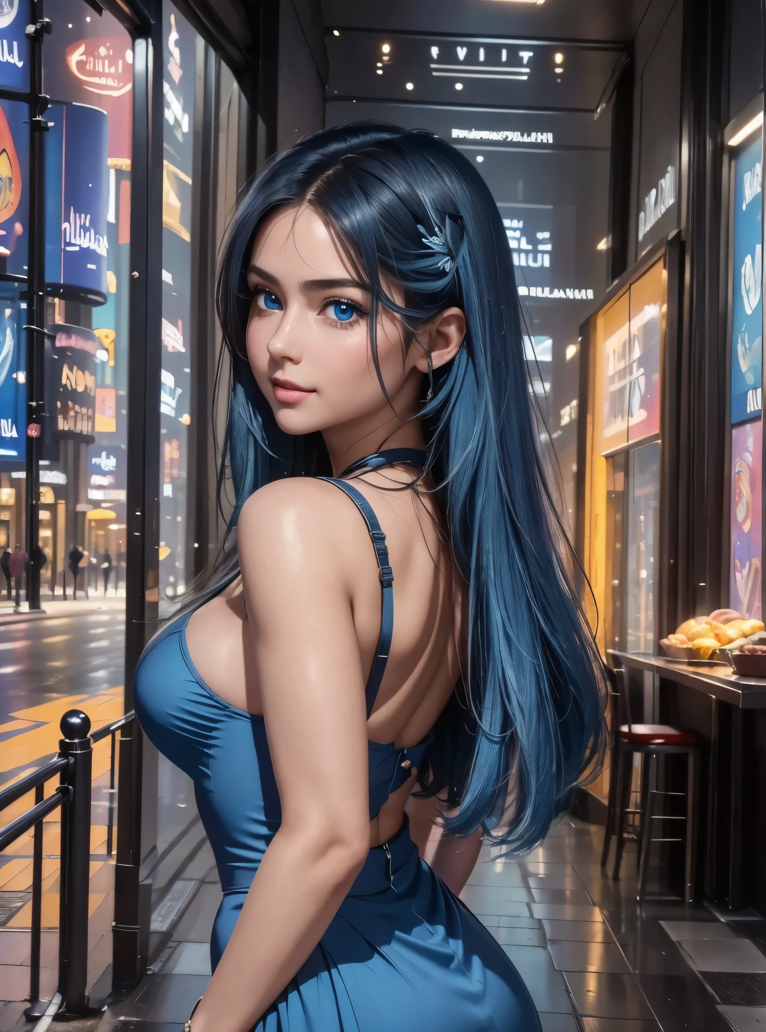 Masterpiece, raw, Beautiful art, professional artist8k, art style by sciamano240, very detailed face, very detailed hair, 1 woman, perfectly drawn body, beautiful face, Long hair, Light blue hair , very detailed blue eyes , rosy cheeks, intricate details in the eyes, playful smile, looking directly at the viewer , in love with the expression of the spectator, (((mini falda plisada azul marino:1.1, Piensa en el pasado,desde atrá))), (traje de marinero) walking, point of view with the spectator, very close close-up of the face, rear view, nigth in vegas , Focus on ass