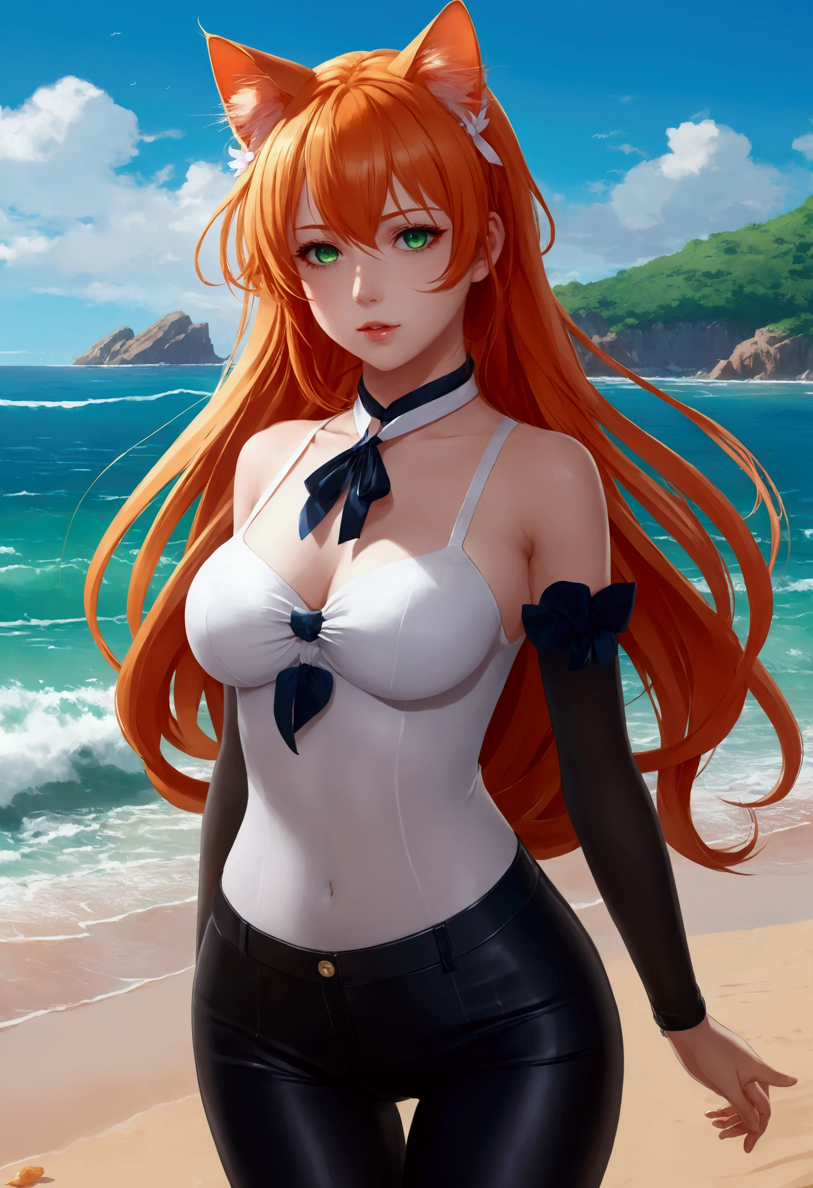 anime girl with long orange hair standing on beach near ocean, green eyes detailed digital anime art, cat ears, , anime girl with long hair, smooth anime cg art, anime girl with long hair, average breast size, digital anime art, artwork in the style of guweiz, beautiful anime portrait, photorealistic anime girl render, beautiful anime girl, advanced digital anime art, pantyhose, guweiz on artstation pixiv upscale HD UHD HQ