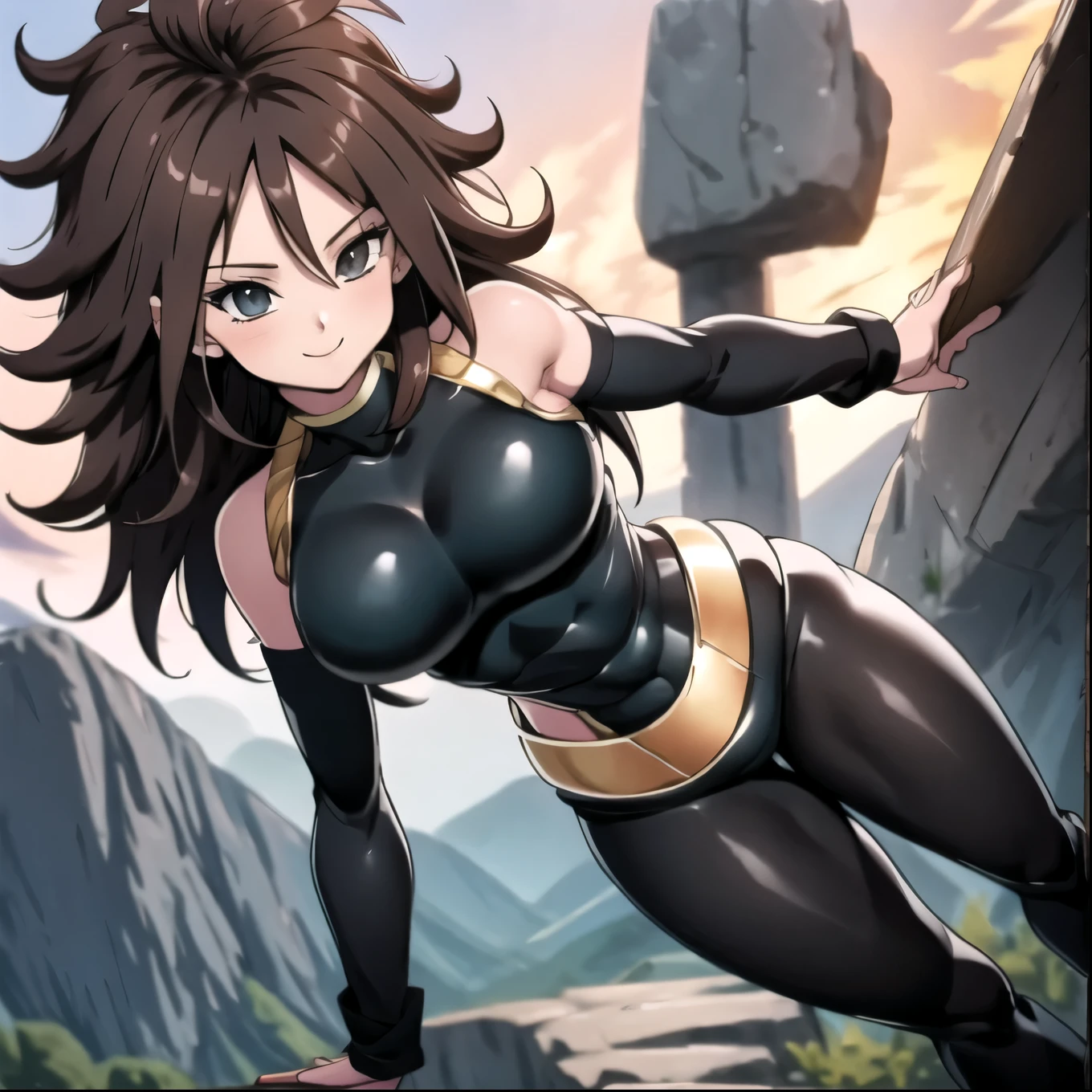 Android 21, smile, black hair, wearing Saiyan armor, black Saiyan armor, black bodysuit, black pantyhose, black skirt, gine outfit but black, cosplay, mountain background, sunset
