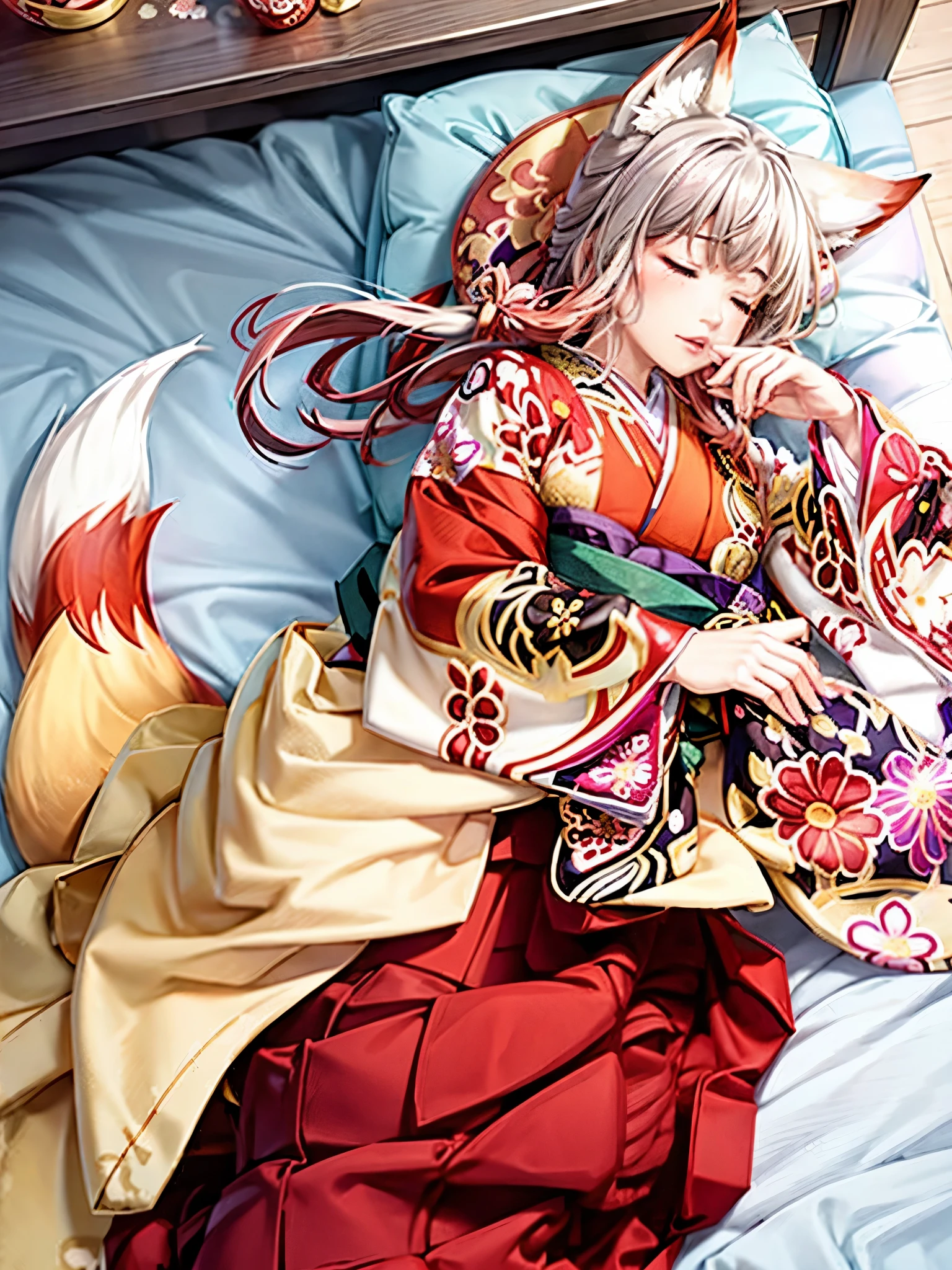 Anime, girl, woman, ager, hakama, furisode, long hakama, floral pattern kimono, fox, fox ears, fox tail, big ears, big tail, Sleeping woman, sleeping face