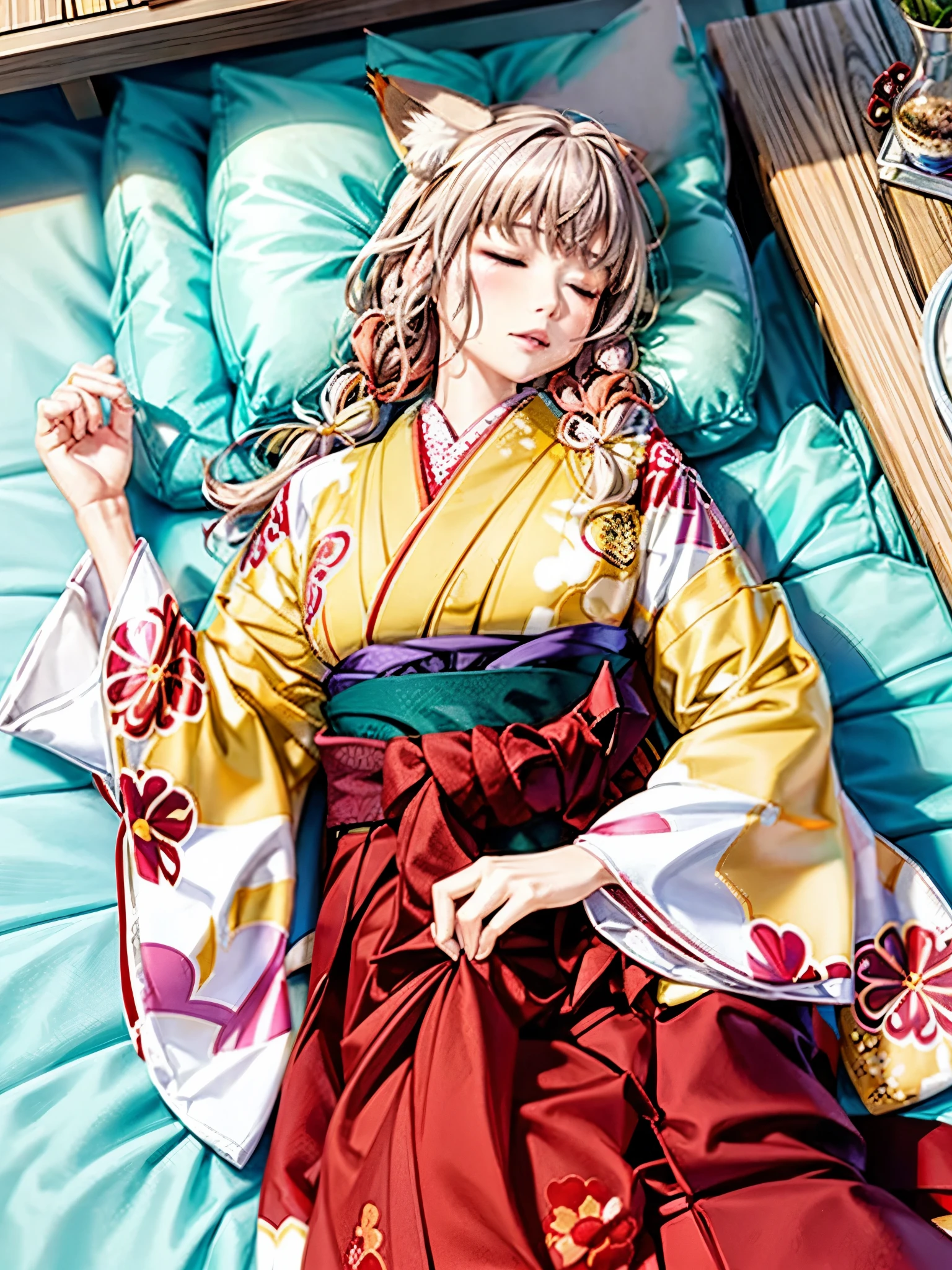 Anime, girl, woman, ager, hakama, furisode, long hakama, floral pattern kimono, fox, fox ears, fox tail, big ears, big tail, Sleeping woman, sleeping face