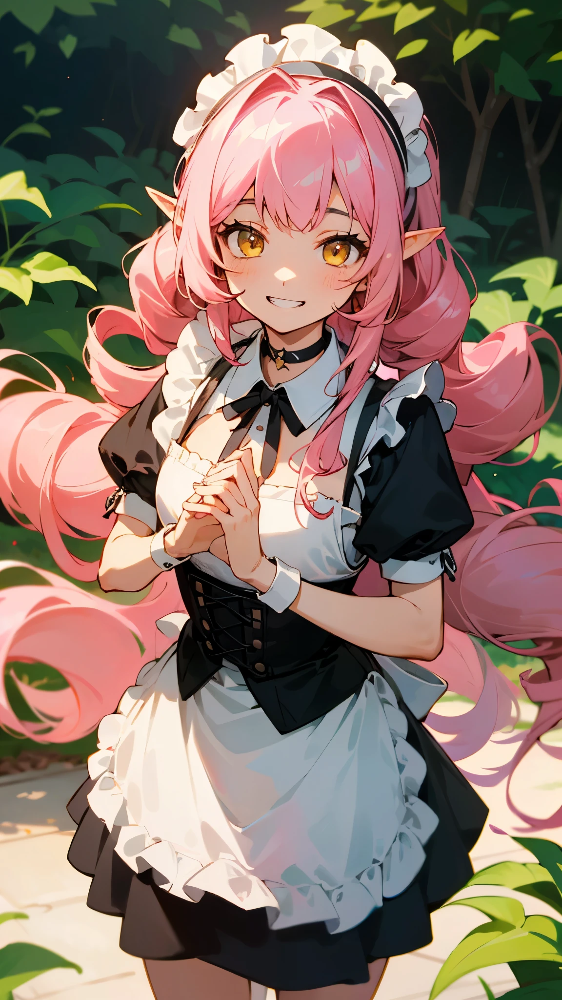 ​master piece, hyper quality, Hyper Detailed, Perfect drawing,1girll,Loose and fluffy hair、drills twintails、Pink hair、Big eyes with double eyelids、Passed nasal muscle、blusher(0.2)、Ochoboguchi、Ear piercing ta Fashion、Clothes with lots of lace and frills、a miniskirt,knee high socks(:1.5),garterbelts、(((Holding a large bouquet))), butt sticks out, Big round buttocks, Standing figure, ((Panties are visible)), (((Luxury panties)))、Cute smile,  Sunburn scars: (1.5), outside of house、blue-sky、Summer color、sunlight、Shooting from diagonally below,  Beautiful background, meticulous drawing, Accurate drawing.