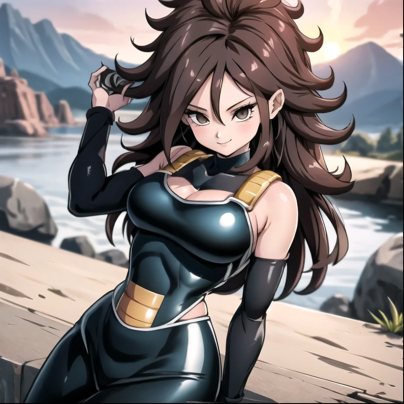 Android 21, smile, black hair, wearing Saiyan armor, black Saiyan armor, black bodysuit, black pantyhose, black skirt, gine outfit but black, cosplay, mountain background, sunset
