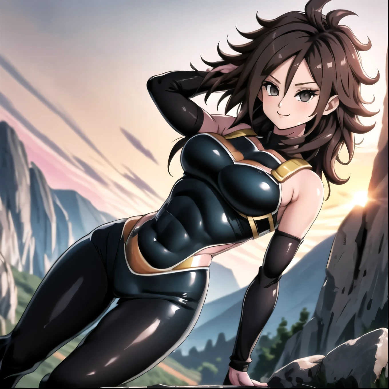 Android 21, smile, black hair, wearing Saiyan armor, black Saiyan armor, black bodysuit, black pantyhose, black skirt, gine outfit but black, cosplay, mountain background, sunset
