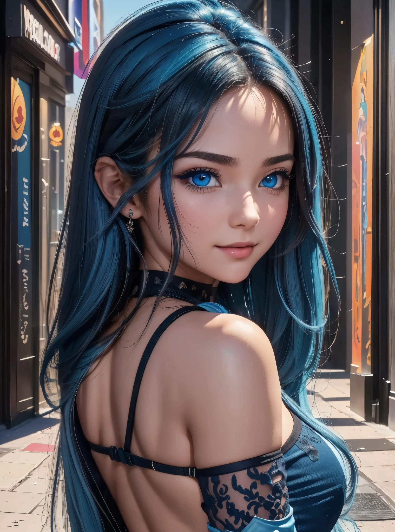 Masterpiece, raw, Beautiful art, professional artist8k, art style by sciamano240, very detailed face, very detailed hair, 1 woman, perfectly drawn body, beautiful face, Long hair, Light blue hair , very detailed blue eyes , rosy cheeks, intricate details in the eyes, playful smile, looking directly at the viewer , in love with the expression of the spectator, (((mini falda plisada azul marino:1.1, Piensa en el pasado,desde atrá))), (traje de marinero) walking, point of view with the spectator, very close close-up of the face, rear view, nigth in vegas , Focus on ass, miniskirt