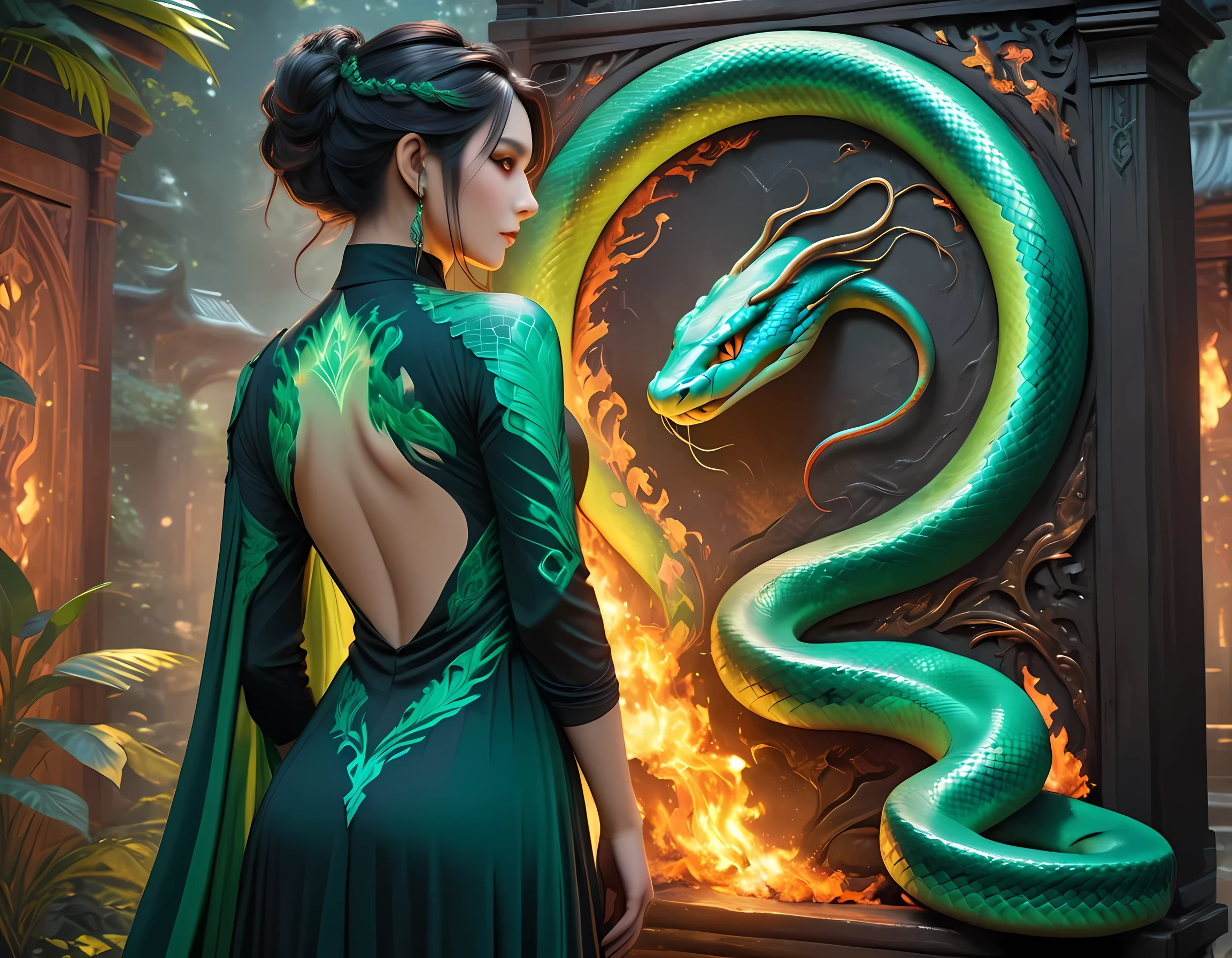 Arafed, Dark fantasy art, fantasy art, goth art, a picture of a tattoo of a green snake on the back of a female elf, a glowing tattoo of a ((green snake: 1.3)) on the elf's back, the tattoo is vivid, intricate detailed, ((fire surrounds the snake: 1.5)), shot taken from the back ((the back is visible: 1.3) she wears a transparent black dress, elegant dress, flowing dress, elven style dress, the tattoo glows, dynamic hair color, dynamic hair style, vibrant, Ultra-high resolution, High Contrast, (masterpiece:1.5), highest quality, Best aesthetics, best details, best quality, highres, 16k, (ultra detailed: 1.5), masterpiece, best quality, (extremely detailed) RAW, (ultra details, Masterpiece, best quality), fflix_ufantasy