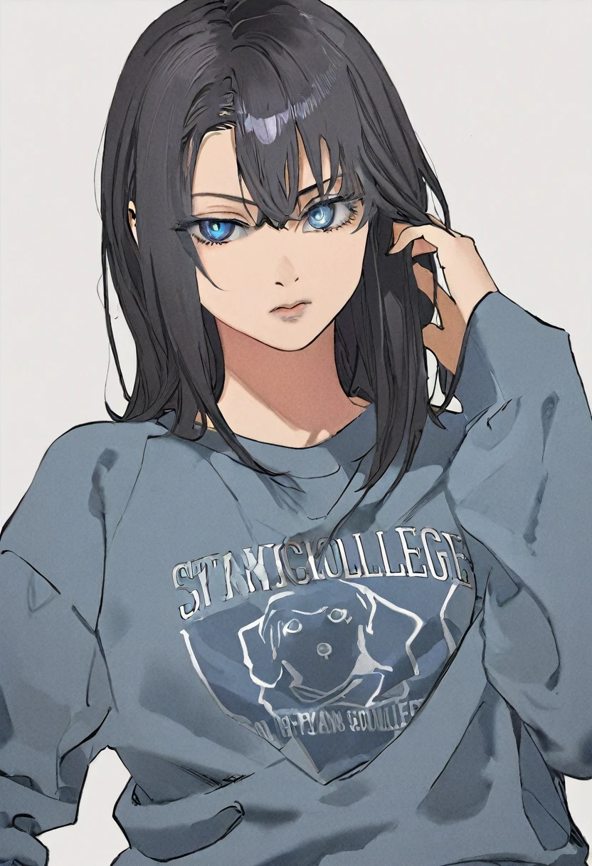 School yearbook photo, Girl, ((straight black hair)), Slanted and dominant eyes, ((Blue eyes))((outlined)), With cool college sweatshirt,flat coloring style, white background 