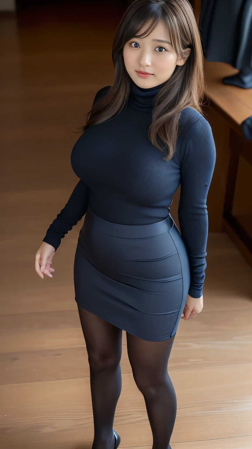 Best Quality、8k、masterpiece、Ultra-high resolution、Clear Photo、Professional Lighting、Natural Light、Realistic,、Highly detailed skin、Perfect Anatomy、One Woman、Age 30、baby face、((Large Breasts、Saggy breasts:1.5、Chubby body type:1.2、No bra))、Long Hair、Black Hair、Beautiful Hair、smile、((Tight turtleneck long sleeve knit:1.3))、((Navy blue mini pencil skirt:1.2))、((Black Pantyhose))、(((Seductive pose、Looking at the camera:1.2、Full body shot from below:1.5)))、At the Mall