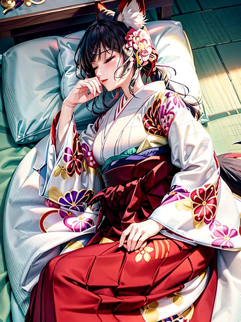 Anime, girl, woman, teenager, hakama, furisode, long hakama, floral pattern kimono, fox, fox ears, fox tail, big ears, big tail, Sleeping woman, sleeping face