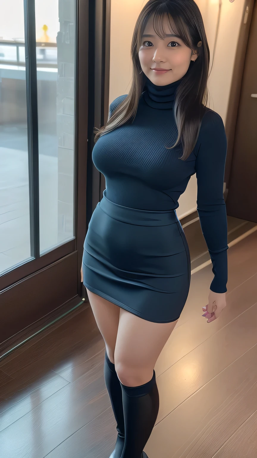 Best Quality、8k、masterpiece、Ultra-high resolution、Clear Photo、Professional Lighting、Natural Light、Realistic,、Highly detailed skin、Perfect Anatomy、One Woman、Age 30、、((Large Breasts、Saggy breasts:1.5、Chubby body type:1.2、No bra))、Long Hair、Black Hair、Beautiful Hair、smile、((Tight turtleneck long sleeve knit:1.3))、((Navy blue mini pencil skirt:1.2))、((Black Pantyhose))、(((Seductive pose、Looking at the camera:1.2、Full body shot from below:1.5)))、At the Mall