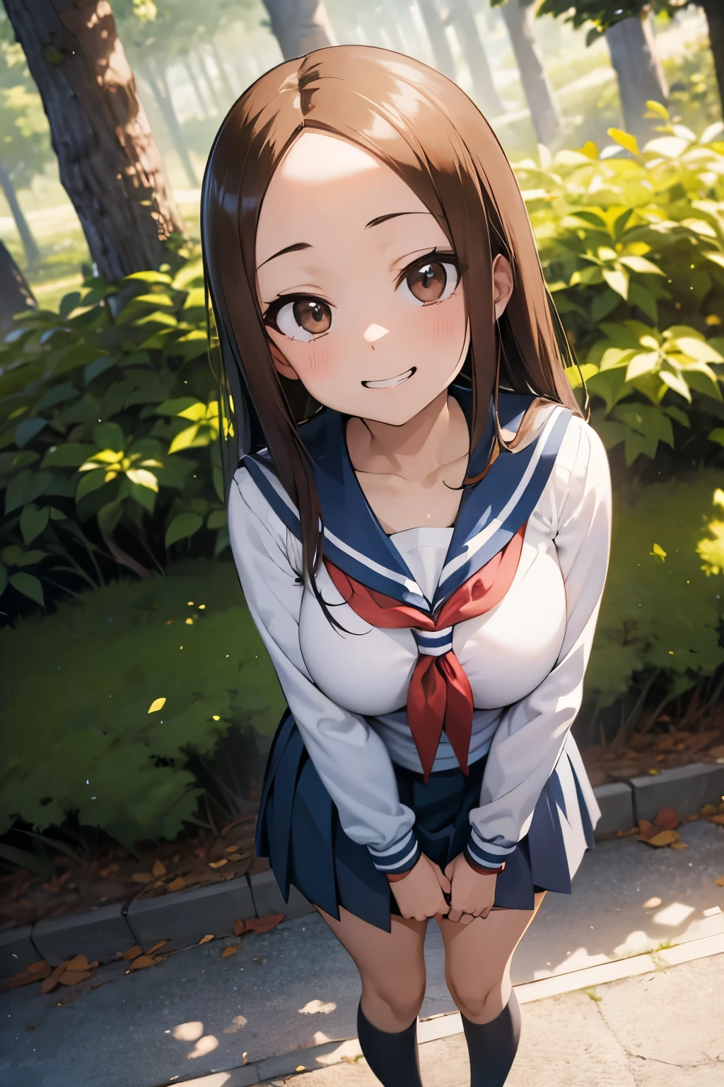 (masterpiece),(best quality:1.4),ultra-detailed,high detailed,high resolution,illustratio,Explicit,Beautiful body,Beautiful Nose,Beautiful character design,perfect eyes,perfect face,wallpaper,ultra highres,4K,photography,(Beautiful breasts:1.2),(beautiful face:1.2),(beautiful legs, perfect legs),shiny skin,anime screencap,anime style,BREAK,aatakagi, long hair, sailor collar, red neckerchief, sailor shirt, white shirt, long sleeves, miniskirt, blue skirt,socks,BREAK,grin,outdoor,forest,standing,finger to mouth,looking viewer