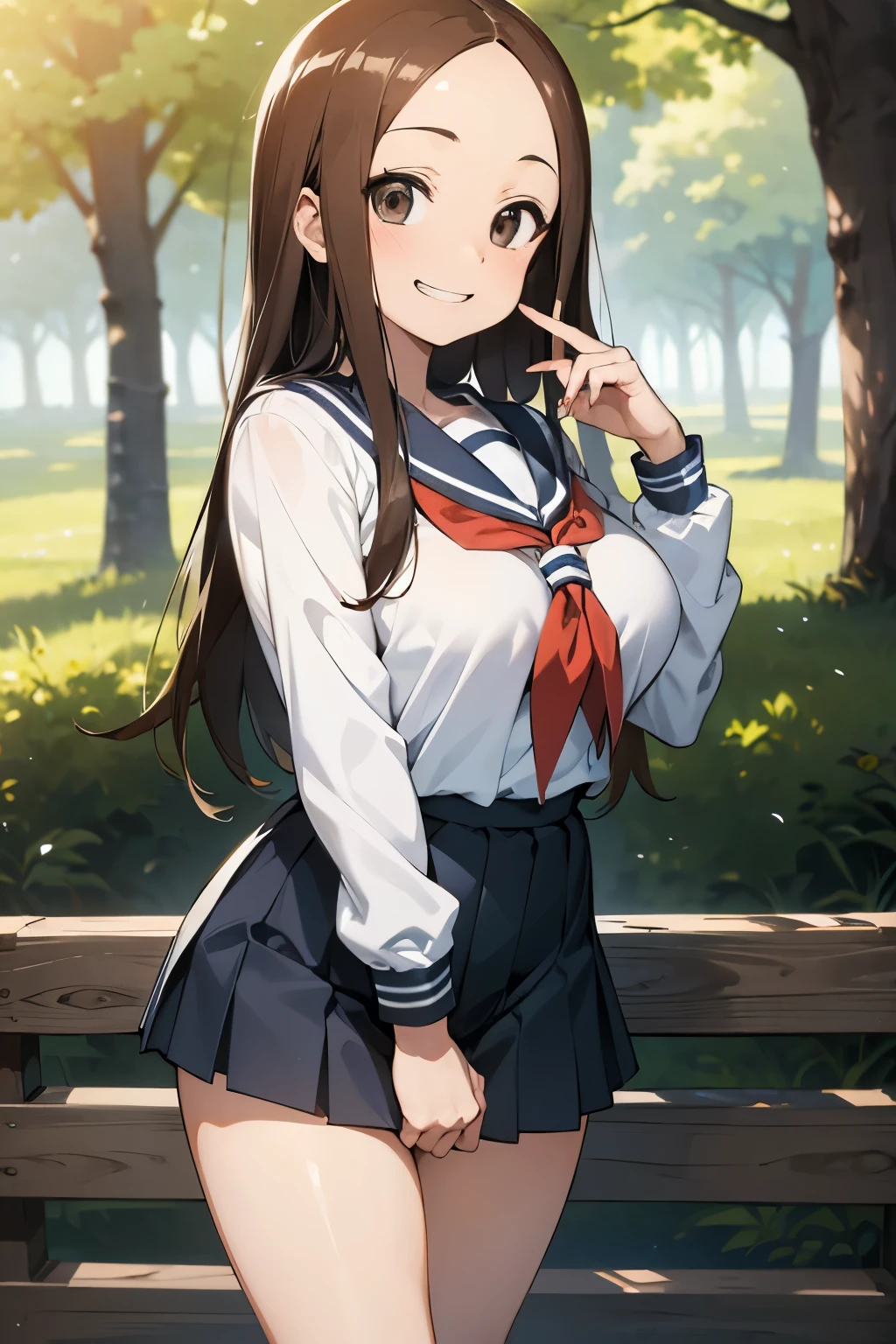 (masterpiece),(best quality:1.4),ultra-detailed,high detailed,high resolution,illustratio,Explicit,Beautiful body,Beautiful Nose,Beautiful character design,perfect eyes,perfect face,wallpaper,ultra highres,4K,photography,(Beautiful  breasts:1.2),(beautiful face:1.2),(beautiful legs, perfect legs),shiny skin,anime screencap,anime style,BREAK,aatakagi, long hair, sailor collar, red neckerchief, sailor shirt, white shirt, long sleeves, miniskirt, blue skirt,socks,BREAK,grin,outdoor,forest,standing,finger to mouth,looking viewer,from fowerd