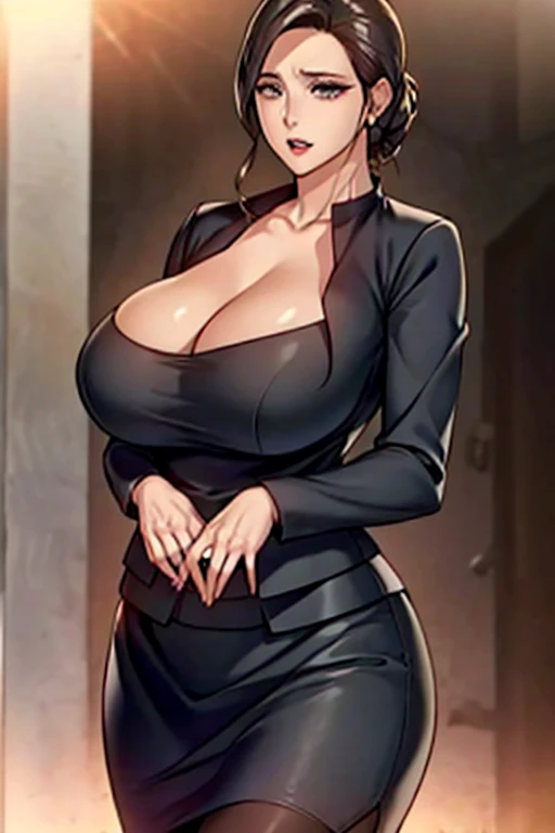 black skirt, open blouse, pencil skirt, collarbone, huge breasts, cleavage