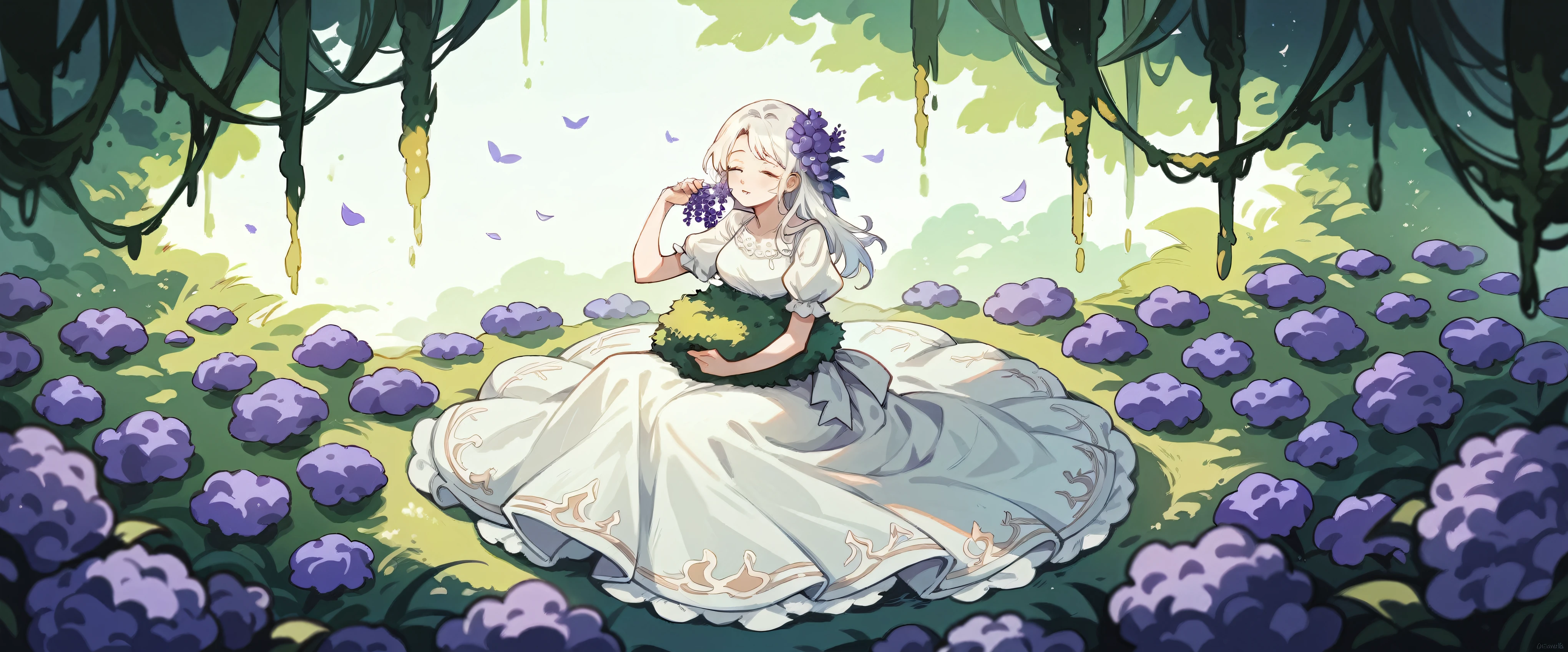 Beautiful adorable white woman sitting on top of a wall full of moss and purple flowers wearing a lilac and white dress