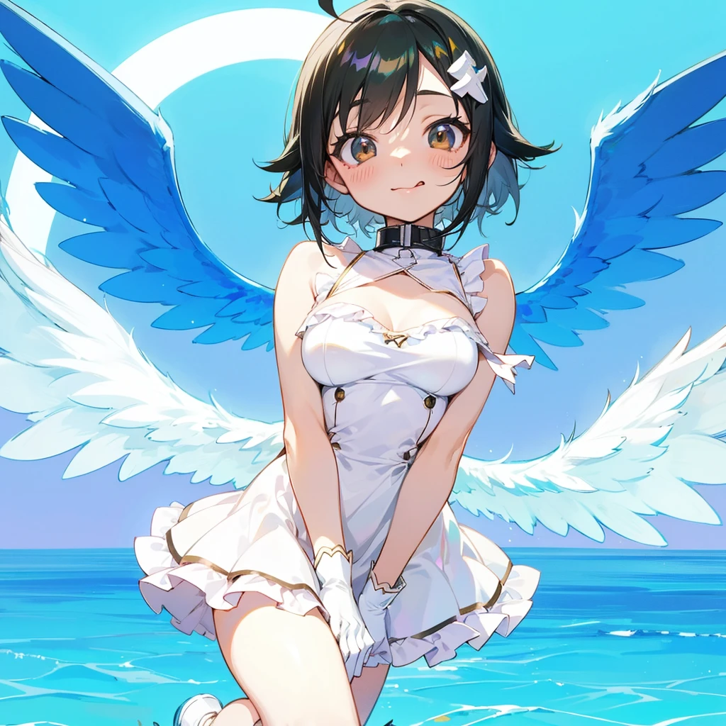 Tomoko (sora no otoshimono), metal collar, ahoge, black hair, brown eyes, hair pin, hair_ornament, short hair, large breast,  genderswap, genderswap (mtf), head wings, robot  head Wings, angel wings , white footwear,  white gloves,  white wings, wings, 	sleeveless, sleeveless dress, short dress, sora no otoshimono, double V,  Ai Hoshino's | Concept Pose, Modern Anime Screencap (Style), Doll Eyes XL Eye Contacts tongue out, 