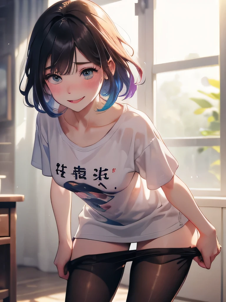 ultra-detailed、(8k, RAW photo, best quality, masterpiece:1.2), (extremely detailed 8k wallpaper),professional lighting,sharp focus, depth of field,((beautiful 1girl)),((A loose, oversized T-shirt)),(((slouch,pose undressing pantyhose,grab pantyhose))),((fluffy short bob、rainbow colored curl hair、curly hair))、(Beautiful Eyes),(((painful、blush、orgasm、Heavy breathing、Smiling mischievously)))、(living)、((Sweating))、(((Approaching the viewer)))