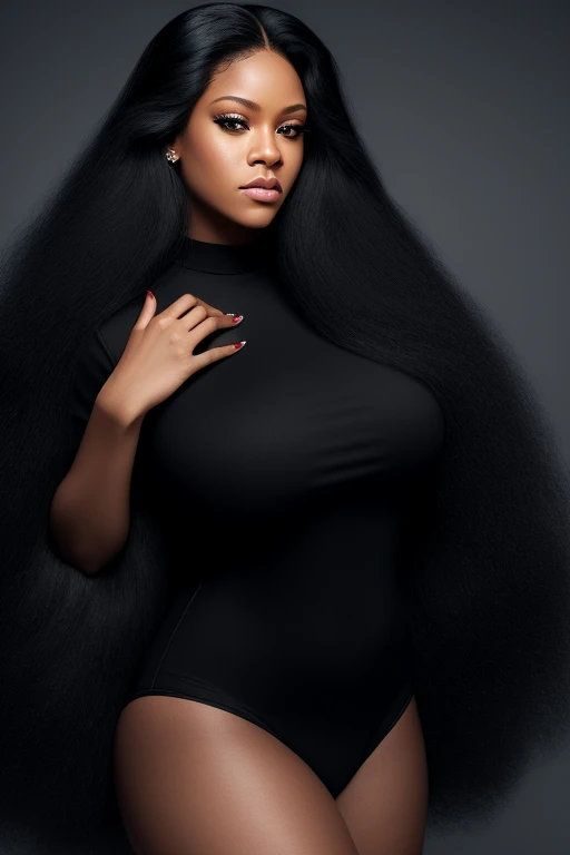 Very pretty little black kid girl, exaggeratedly sagging breasts, hyper nipples, very long long long long black hair, dense dense black pubic hair, anorexic