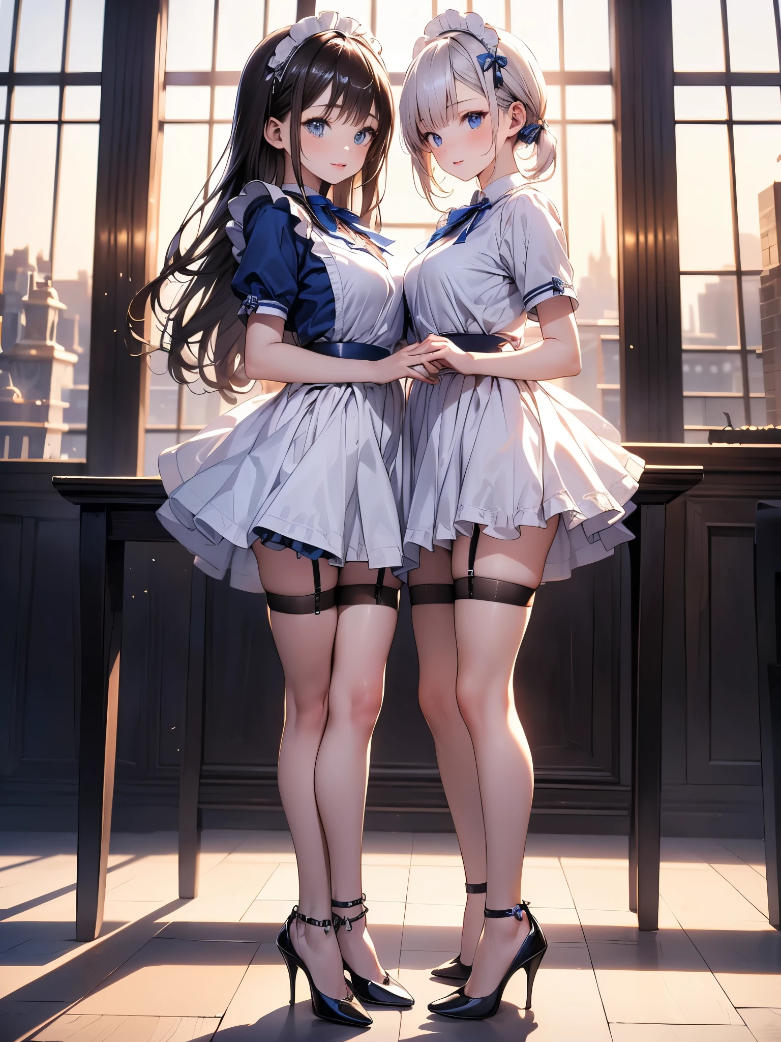 Two women are walking down the street side by side wearing navy blue maid outfits., alone, skirt, panties, underwear, (shiny light blue satin panties:1.3)、(shiny light pink satin panties:1.3)、横紐レースpanties that cover the butt、Liar, Thighhighs,garter belt, 風でskirtがめくれている , think back, realistic,Angle from the back, Two-dimensional beautiful girl