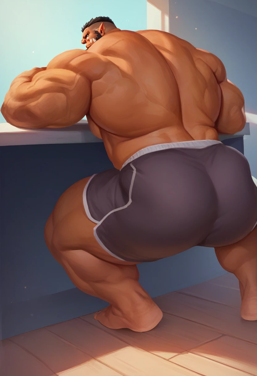 bara, male orc focus, muscular male orc, confused expression, tanned, huge ass, bending down, (zoroj) bending under desk,Thongs， sunlight, pouting BREAK ，score_9, score_8_up, score_7_up, score_6_up, score_5_up, score_4_up
