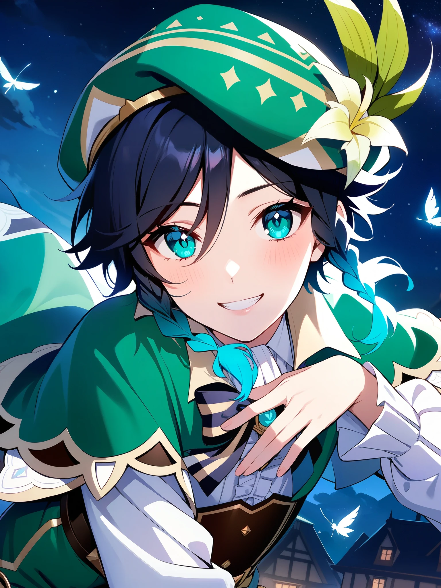 (best quality,4k,8k,highres,masterpiece:1.2),1boy,venti_\(genshin_impact\),flying above rooftops in a fantasy german city,mondstadt,(face focus,detailed face and clear eyes),flat chest,realistic:.5,night time,bluegreen eyes,mysterious smile,green cape,white long sleeved shirt,leather corset,(puffy green shorts),(plain white tights),green hat, dark night scene, starry sky with nebula,dark,low light,deep blue lighting,darkness,very dark,no artificial light, dutch angle,((dark blue night)),floating,flight,he leaves a glittering trail of bluegreen feathers and dandelion seeds beneath him,swirling wind magic,graceful pose,wink,full body