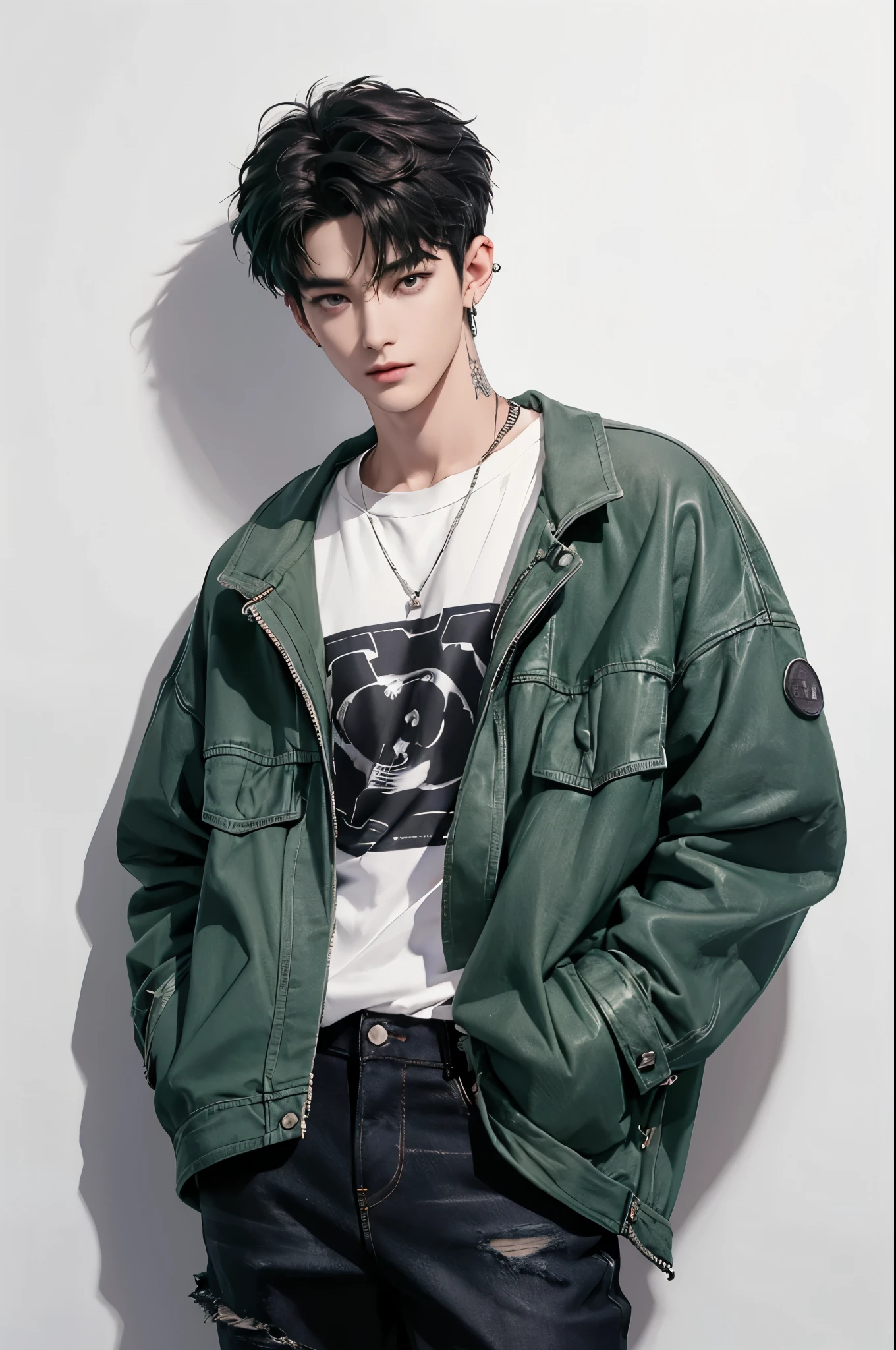 a handsome japanese teenage boy, dark green hair, wearing a leather jacket on top of a sky blue jacket with a black inner, teal eyes with long underlashes, slim yet muscular build, looking down at the camera from an angle,