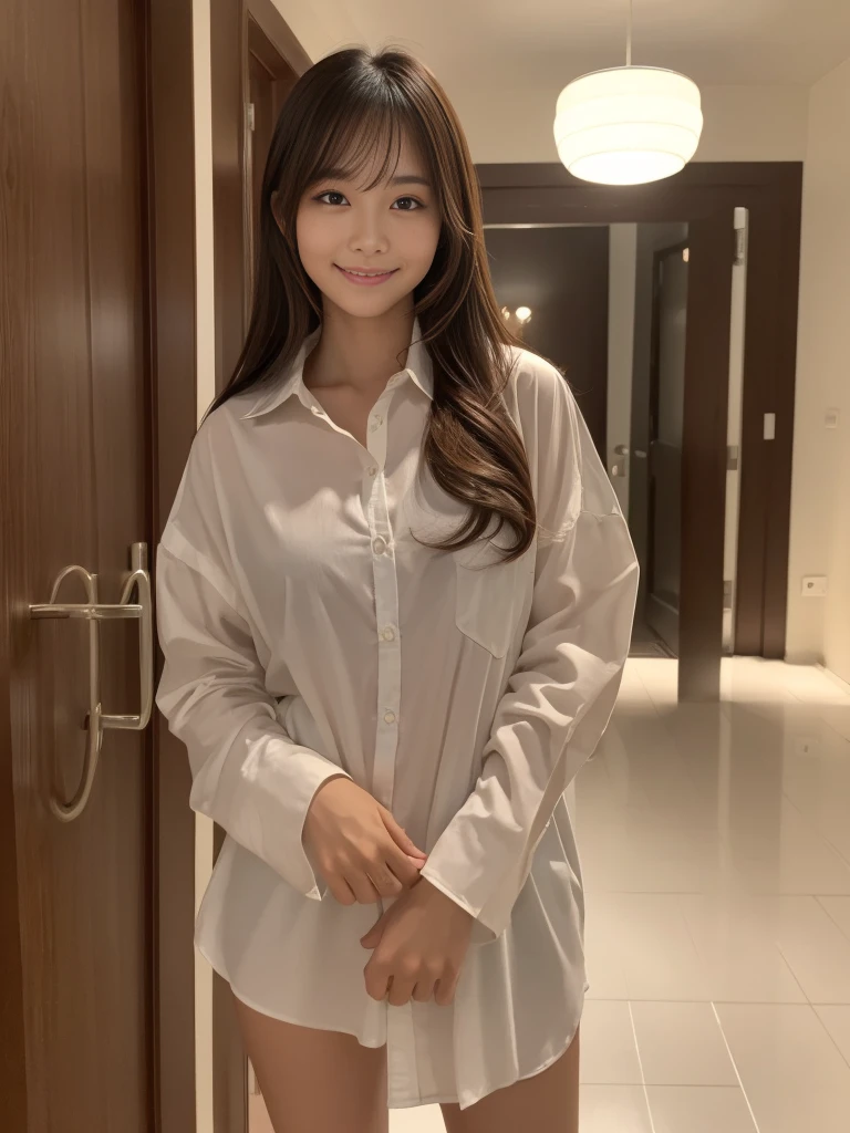 Cowboy Shot, 
break, 
((Oversized long sleeve shirt for men:1.2)), ((shirt over naked:1.2)), ((shirt open:1.2)), 
break, 
View your viewers, Japanese female university student, (One Woman:1.2), She is very beautiful, Glowing Skin, Perfect Face, Cute and symmetrical face, 
break, 
Light Brown Hair, Medium Hair, Wavy Hair, Makeup, 
break, 
(In the entrance hall of an apartment late at night:1.2), (Standing:1.2), (Happy Smile), (8k, RAW Photos, Best Quality, masterpiece:1.2), (Realistic, Photorealistic:1.4), Very detailed, Shallow depth of field, Beautiful Hair, Beautiful Face, Beautiful attention to detail, Realisticな肌質, Beautiful fingers, Perfect Anatomy, Perfect legs, Perfect hands, Perfect Eyes, Perfect body, smile, Double eyelids, (Natural Side Lighting, Cinema Lighting), 