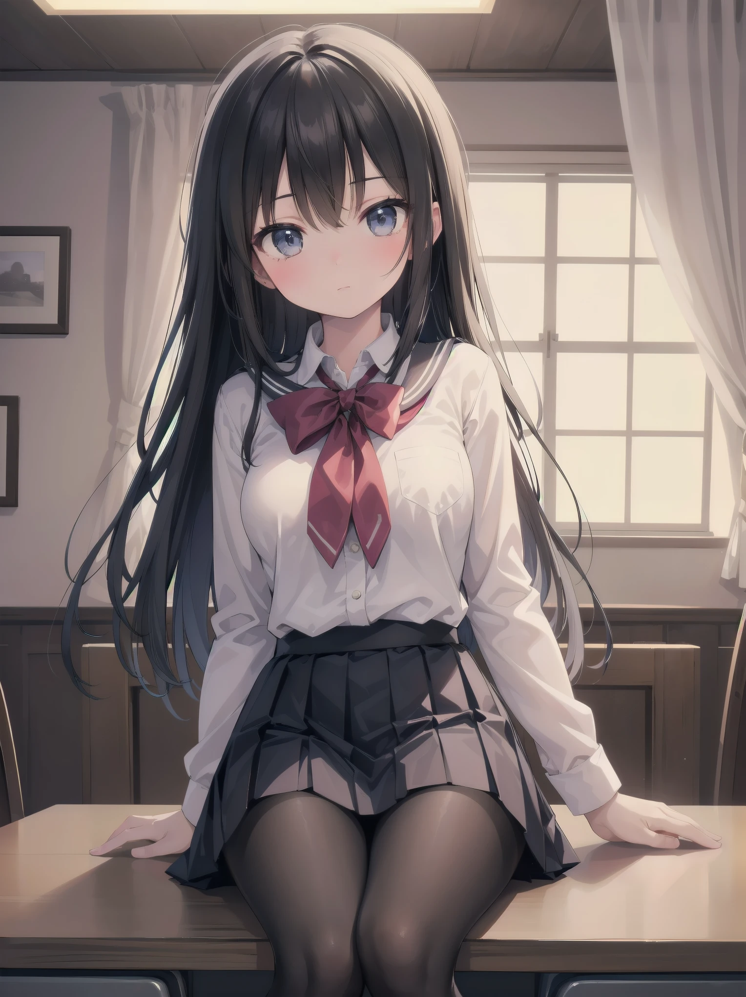 Masterpiece, photogravure style, 2D, one girl, solo, beautiful girl in an elegant school uniform, sitting gracefully, dynamic angles, detailed uniform design, prissy skirt, black tights, soft expression, cinematic lighting, ultra-detailed