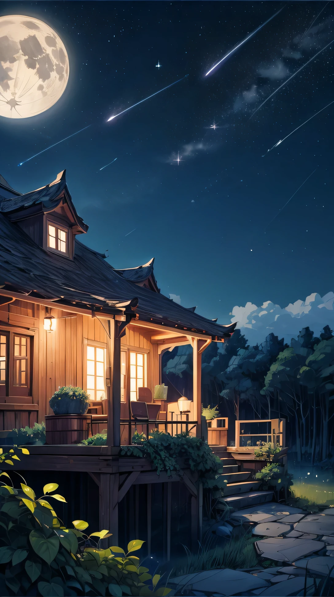 (landscape), (night), full moon, wooden terrace, star-filled sky, gentle breeze rustles the nearby plants as the stars twinkle above.