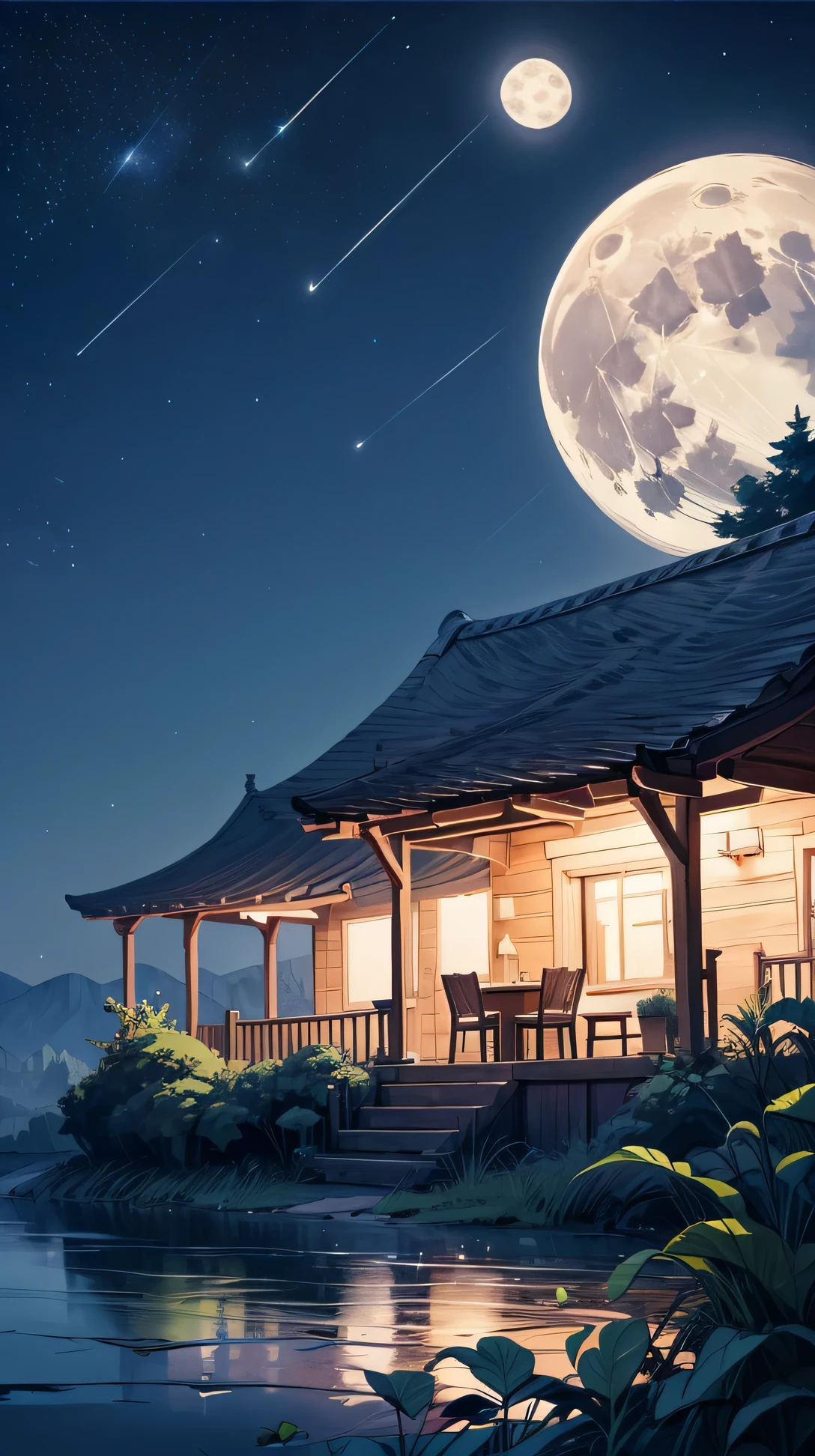 (landscape), (night), full moon, wooden terrace, star-filled sky, gentle breeze rustles the nearby plants as the stars twinkle above.