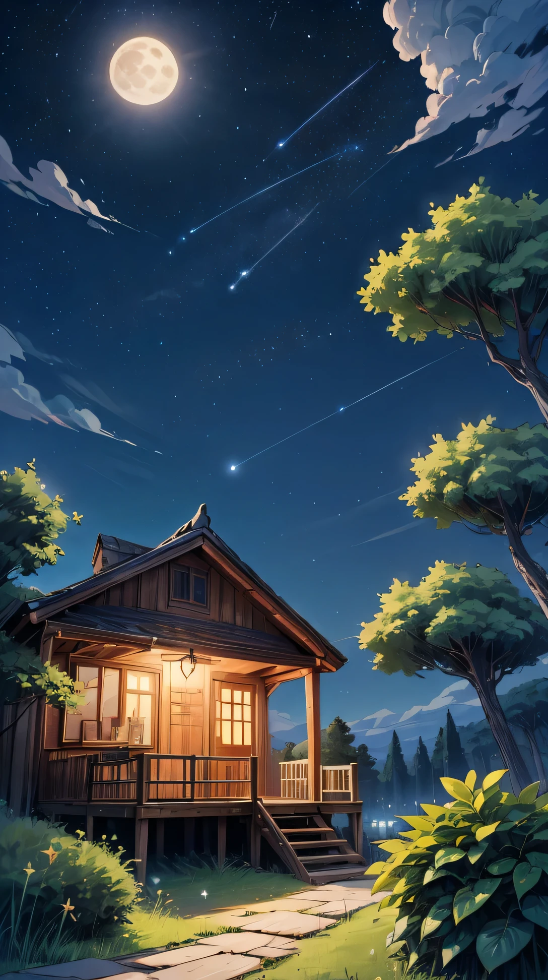 (landscape), (night), full moon, wooden terrace, star-filled sky, gentle breeze rustles the nearby plants as the stars twinkle above.