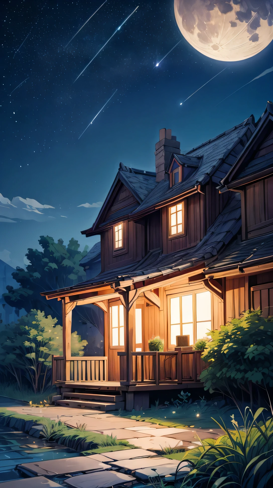 (landscape), (night), full moon, wooden terrace, star-filled sky, gentle breeze rustles the nearby plants as the stars twinkle above.