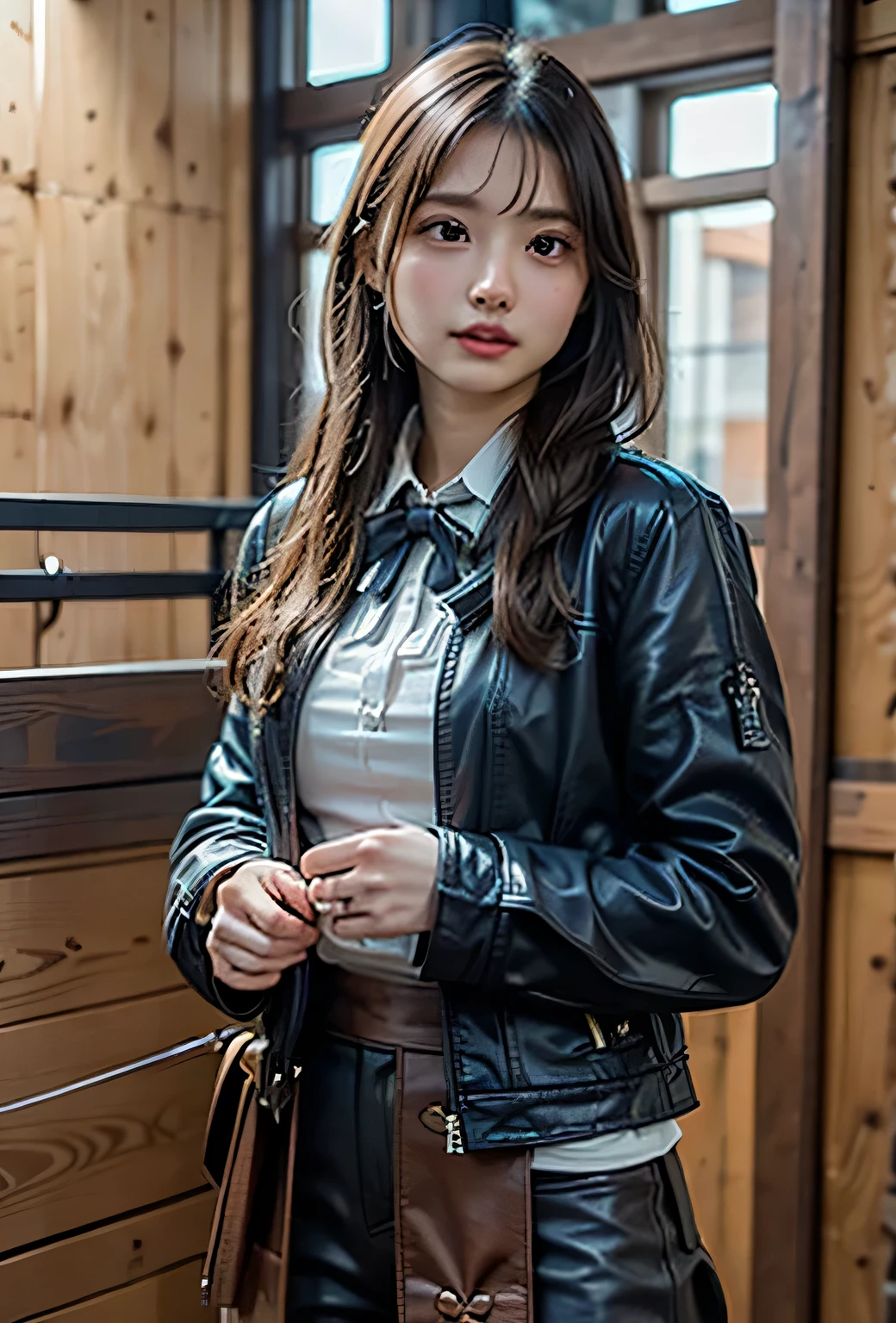 Woman in black leather jacket and skirt standing in front of a wooden ...