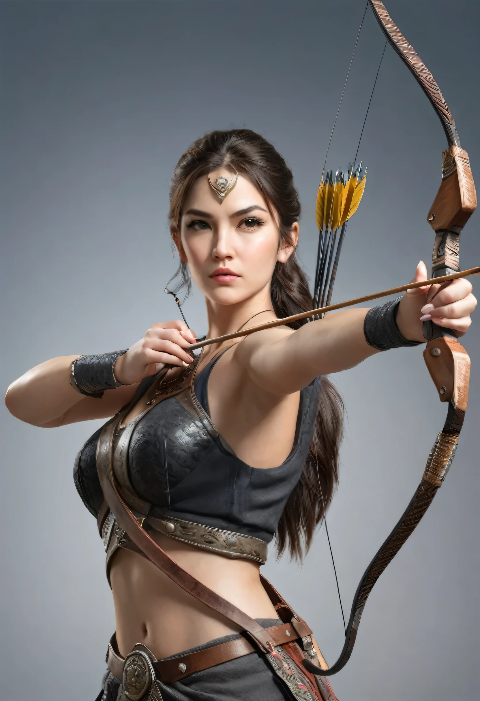 A highly detailed, photorealistic portrait of a female warrior, full-body view, holding a bow and arrow, realistic, intricate details, realistic hands, leather clothing, one hand holding the bow, the other hand ready to draw the arrow and release it