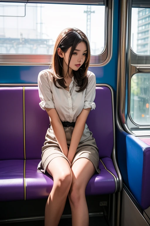 Top quality, full body detail, golden ratio (theatrical lighting: 0.7), masterpiece, spectator angle shot, mouth open, (18-year-old Filipino girl sweaty), looking straight mysteriously happy, camel finger sitting on a crooked train, disheveled hair, (in wet white cotton top), sunset, lush full-length portrait, perfect face, amazing eyes, bright details (very detailed skin), accent lighting,  depth of field, old camera, conscious, digital grain, war photography, dogs perspective perspective photoshoot, bottom-up