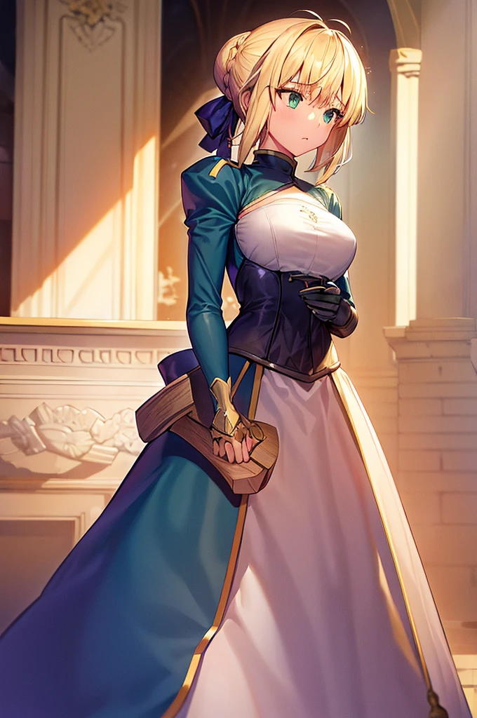 masterpiece, best quality, highres, ccsaber, blonde hair, green eyes, ahoge, ancient Roman tunic, ponytail, Chest cleavage, bare shoulder, large full breasts, big breasts, pointed ears against the background of an ancient Roman city