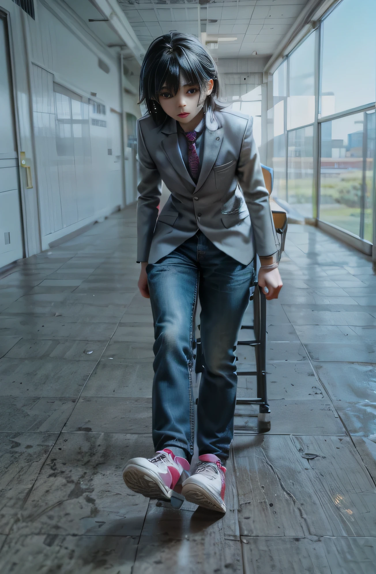 (Best quality, 8k, 32k, Masterpiece, UHD:1.2) "Picture the classroom at U.A. High School, where aspiring heroes gather for their lessons. The room is spacious and bright, with large windows that allow natural light to flood in. The sunlight casts gentle shadows across the polished wooden floors, illuminating the clean, futuristic design of the room. Desks are neatly arranged in rows, each desk modern and equipped with advanced technology to aid in the students’ studies. In front, the teacher’s podium is sleek, with a holographic interface ready for use, adding a high-tech touch that hints at the extraordinary world outside. The walls are adorned with posters of famous Pro Heroes, motivational quotes about courage and justice, and diagrams explaining combat strategies and Quirks. A large chalkboard dominates one wall, with remnants of hero lesson plans and battle tactics scribbled across its surface. The atmosphere feels charged with ambition and excitement, as if the students have just completed an intense training session. Despite its polished and organized appearance, there’s a palpable sense of urgency and growth—this is where young heroes learn not only to control their powers but also to face the responsibilities that come with them. The classroom reflects the intensity of their journey, full of potential and challenges, as they prepare to protect the world. No people or crowds are present in this moment, allowing the room’s energy to stand out on its own."