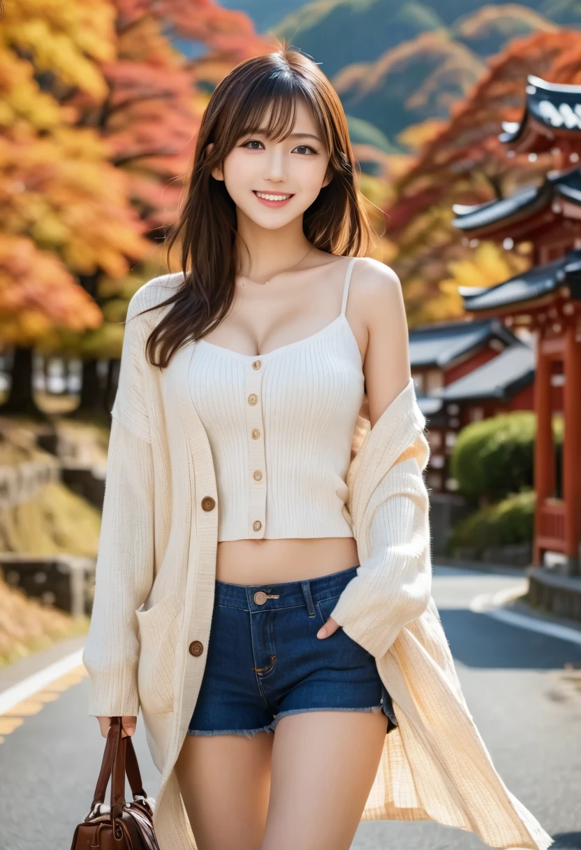 (raw photo, 8k, best quality, masterpiece:1.3), ultra high res, realistic, 1 beautiful japanese girl, 20's, medium breasts, pointy breasts, shiny skin, beautiful face, detailed skin, (slim abs:1.2), detailed breasts, detailed pussy, detailed ass, brown eyes, brown hair, mountain, autumn, daylight, sunlight, walking, smile, full body shot, (uniform, outfit, clothes), cardigan, (camisole:1.3), denim shorts, long boots