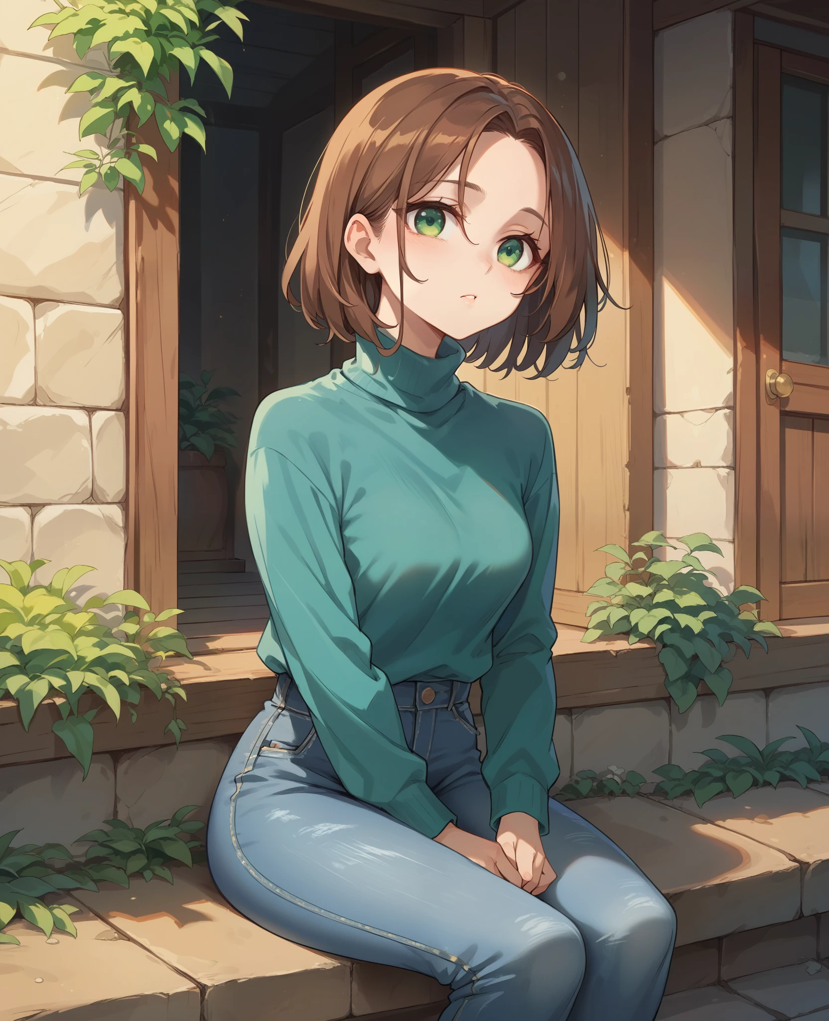 White woman with brown hair and green eyes sitting on the porch of her house ah automatically correct wearing jeans long sleeve blue turtleneck blouse looking patiently waiting romantic