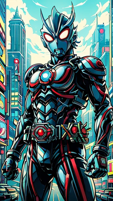 (8k),(masterpiece),(Japanese),( boy),((innocent look)),((Childish)),From the front, upper body, Cowboy shot, silver helmet, silver domino mask, silver mask,(ultraman blazar),Bald,No Hair, Standing, Daylight, bright, cyberpunk city,Kamen_Rider