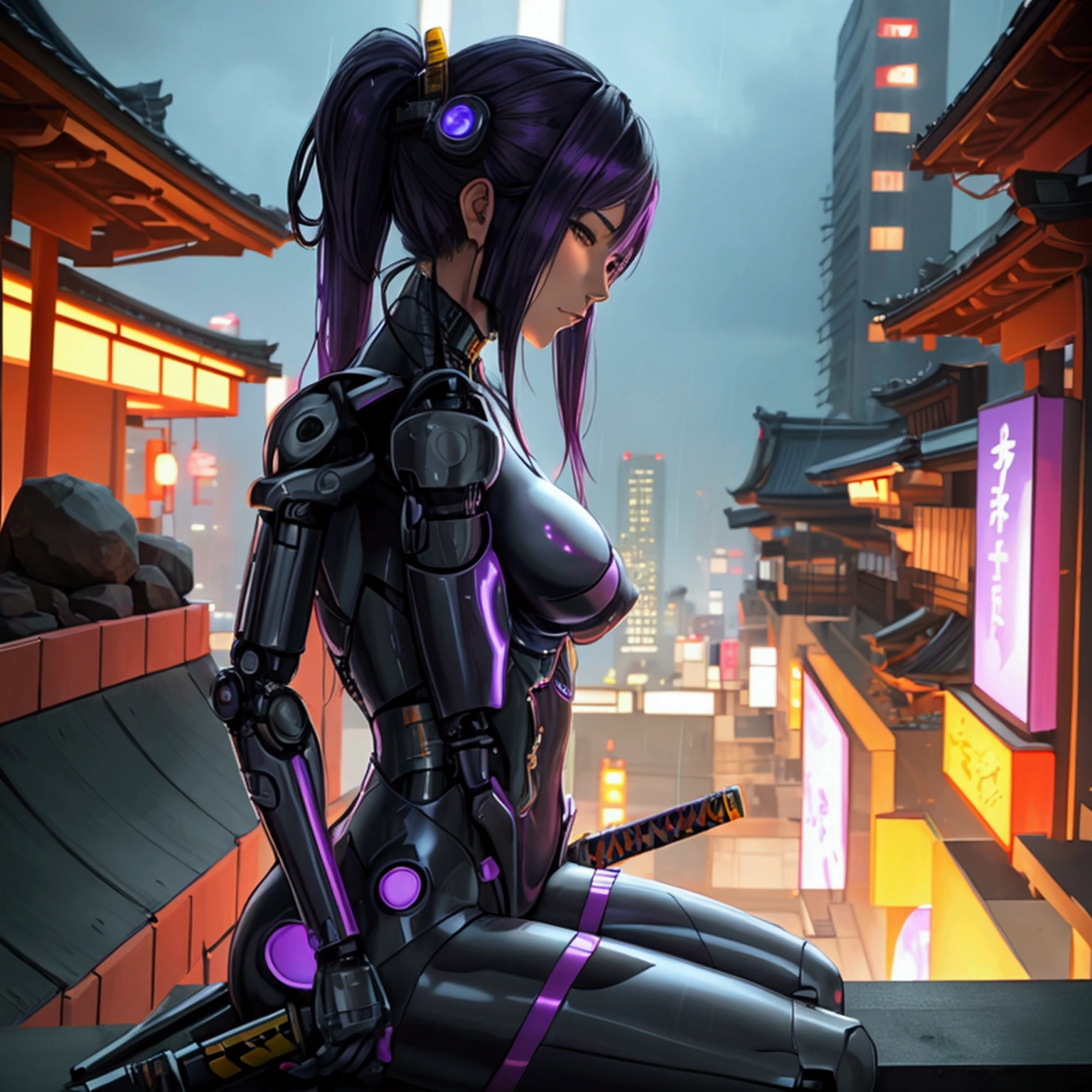 Female Cyborg kunoichi relaxing on the roof of a traditional Japanese temple in a cyberpunk city at night. Lots of neon signs on surrounding buildings, it is raining heavily, hover vehicles are seen in the distance out of focus, she has a katana sheathed next to her and a cyber pistol on her hip. She has large breasts and shoulder length black hair with red and purple highlights, she has lots of robot parts. Ultra realistic, photorealistic, 4k,