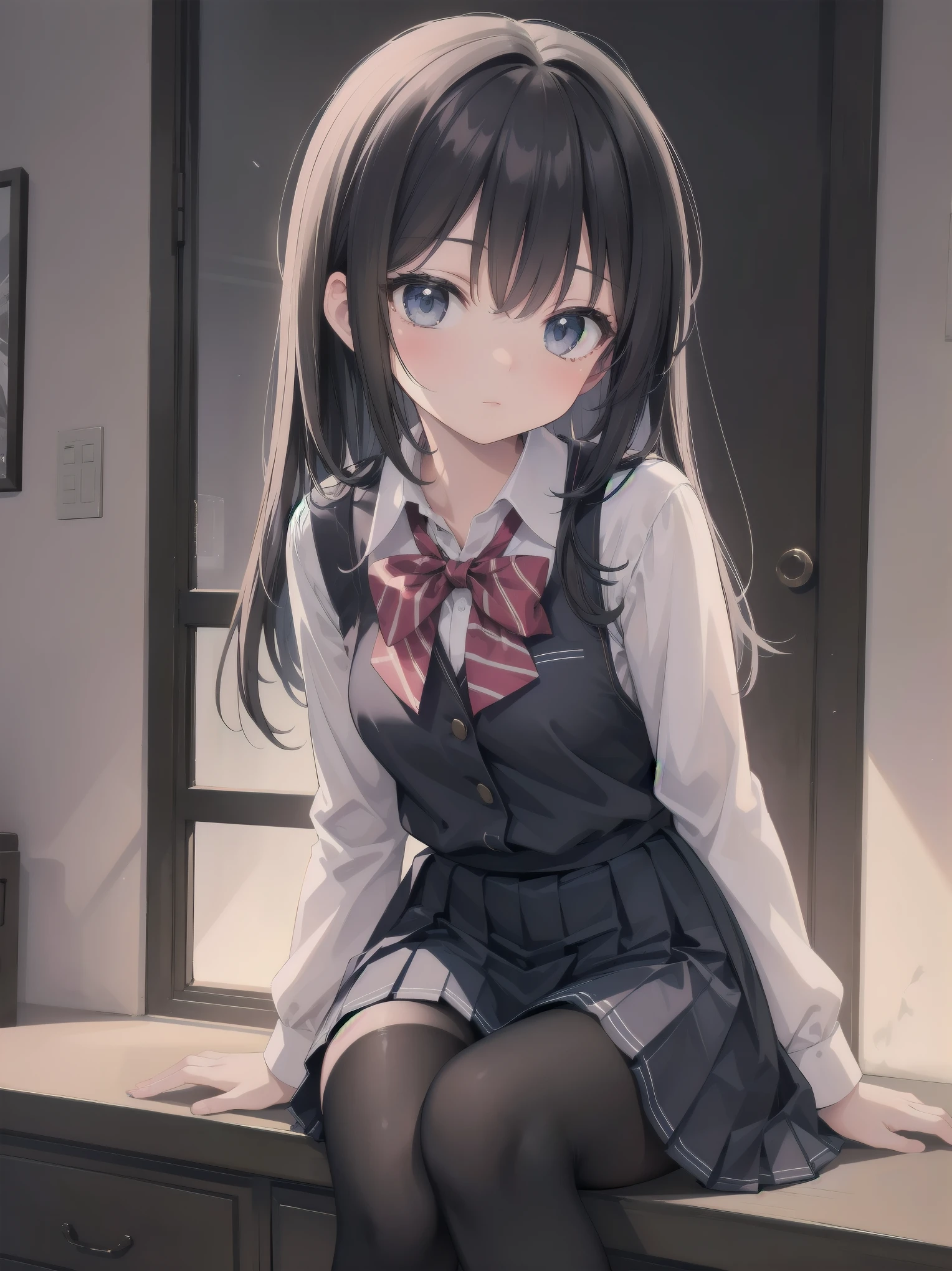 Masterpiece, photogravure style, 2D, one girl, solo, beautiful girl in an elegant school uniform, sitting gracefully, dynamic angles, detailed uniform design, prissy skirt, black tights, soft expression, cinematic lighting, ultra-detailed