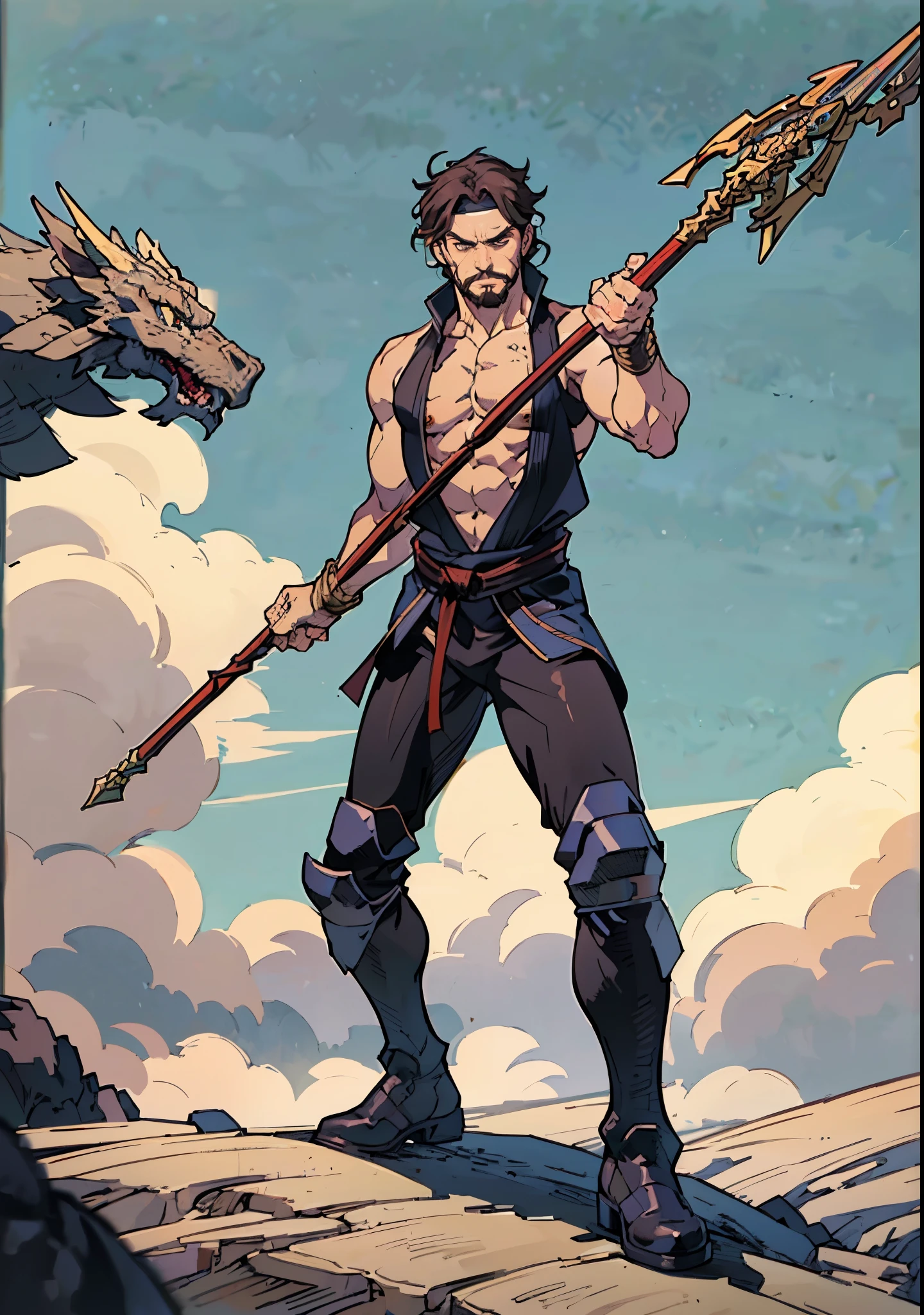 (masterpiece:1.2, best quality:1.2, extremely delicate:1.2), ((male:1.5)), a middle-aged man with short brown hair, a headband, a dignified face, mustaches and goatee beard, a fantasy martial arts style orange-yellow sleeveless vest, a sash wrapped around his waist, his arms are protected by cloth bracers, matching leather pants, shin guards, leather boots, he holds a long spear with a dragon-head design in both hands, standing in a training arena, this character embodies a finely crafted fantasy martial arts style spear-wielding guardian in anime style, exquisite and mature manga art style, dramatic, high definition, highres, ultra-detailed, ultra-fine painting, professional, perfect body proportions, golden ratio, anatomically correct, symmetrical face, extremely detailed eyes and face, high quality eyes, creativity, RAW photo, UHD, 32k, Natural light, cinematic lighting, (masterpiece-anatomy-perfect:1.2)