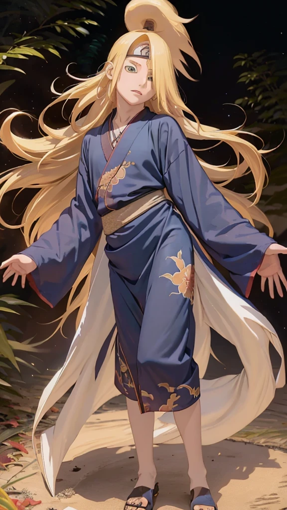 Deidara, young man, long curly hair, a high half ponytail raised, big blue eyes, long bangs left side, Full length autumn festival yukata in blue and gold tones, wlegsnte standing man 