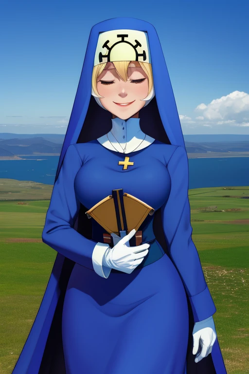 Double, short blonde hair, nun uniform, medium breasts, solo, 1girl, smiling, cowboy shot, closed eyes, blue habit, cross necklace ,white gloves, long sleeves, nun, long skirt, skirt on ground