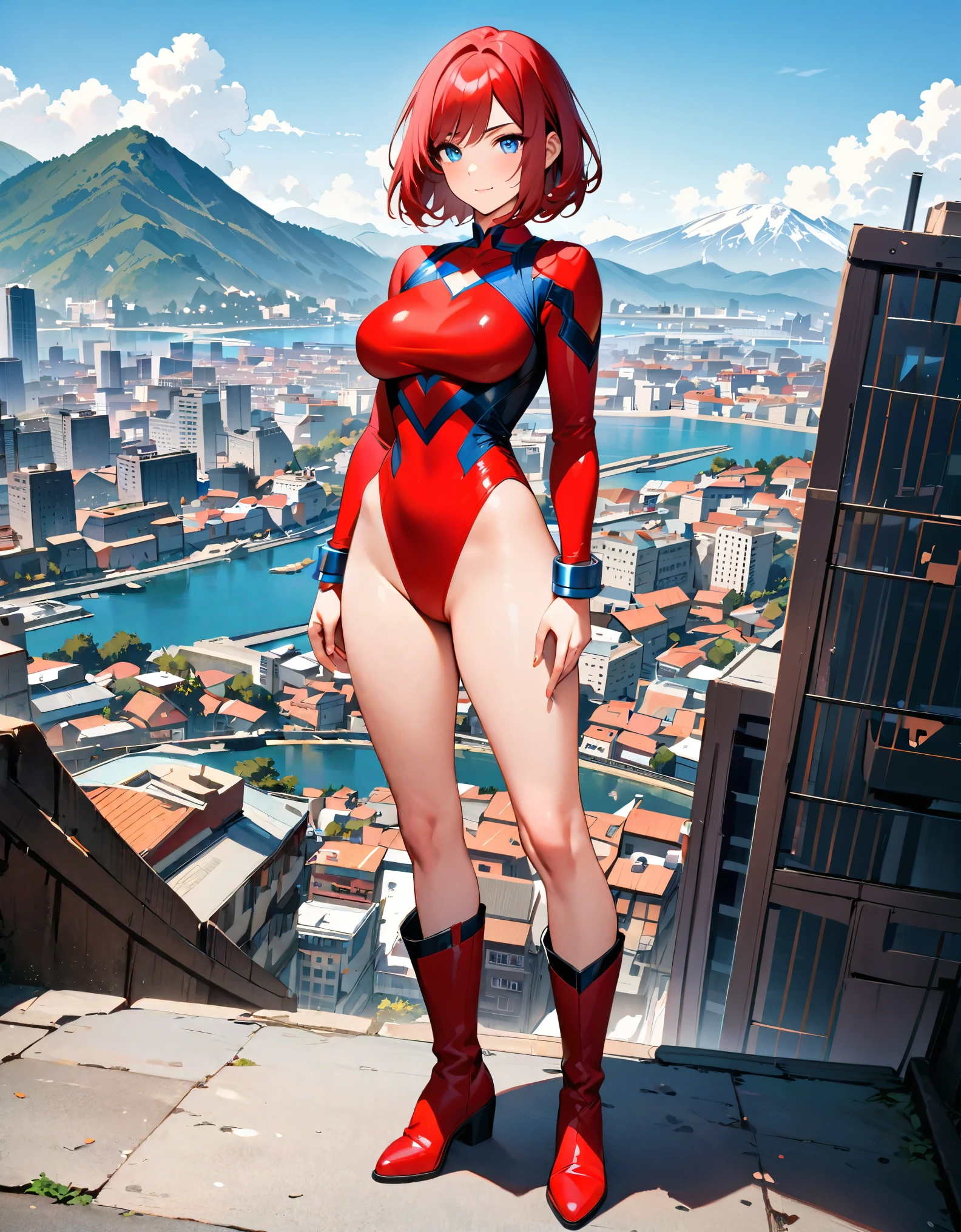 1girl, medium breasts, leotard, red leotard with blue accents, bare legs, boots, matching boots, bracelets, city backdrop, solo, single, standing, full body shot, cowboy shot, beautiful detailed eyes, mature lady, red hair, medium hair, superhero