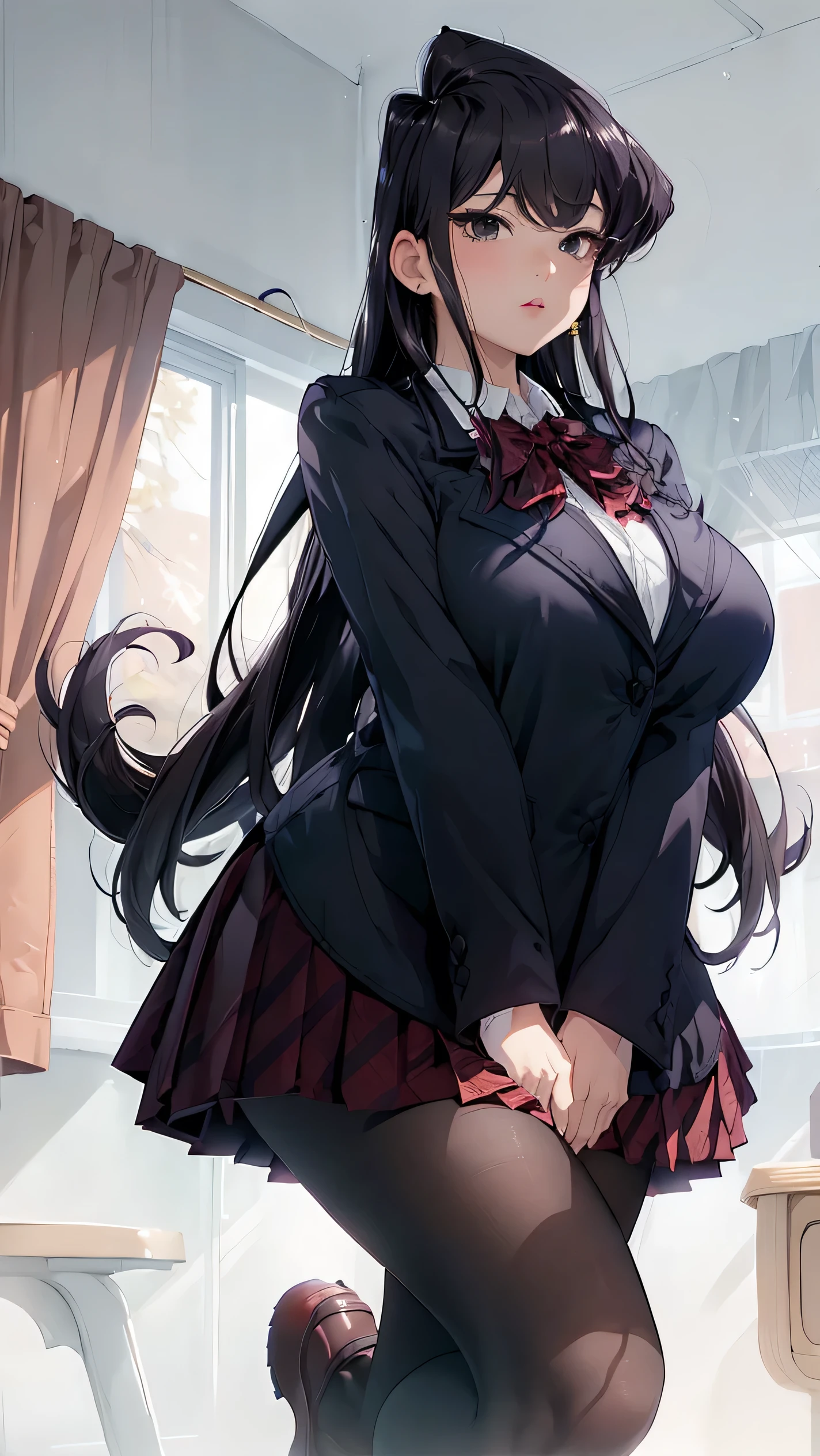 NSFW, (masterpiece, best quality), 1girl, beautiful face, Young Woman, 18y, Komi Shouko, dark purple long hair, earrings, black choker, ((komi_sch, dark red brown school jacket, dark brown pocket, white collared shirts, dark red mini skirt), dark red bow tie), (slim thick), (curvy body), (skinny), thigh boots, black elbow gloves, (gigantic breasts:1.3), nsfw, classroom background, sunny