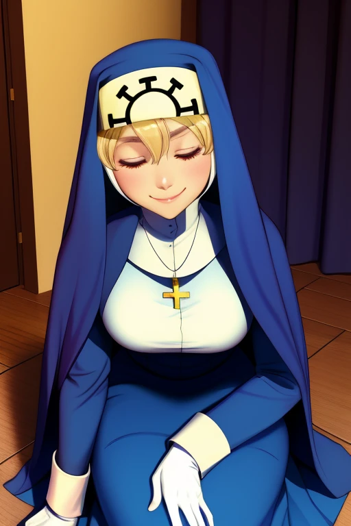 Double, short blonde hair, nun uniform, medium breasts, solo, 1girl, smiling, cowboy shot, closed eyes, blue habit, cross necklace ,white gloves, long sleeves, nun, long skirt, skirt on ground, room, floor