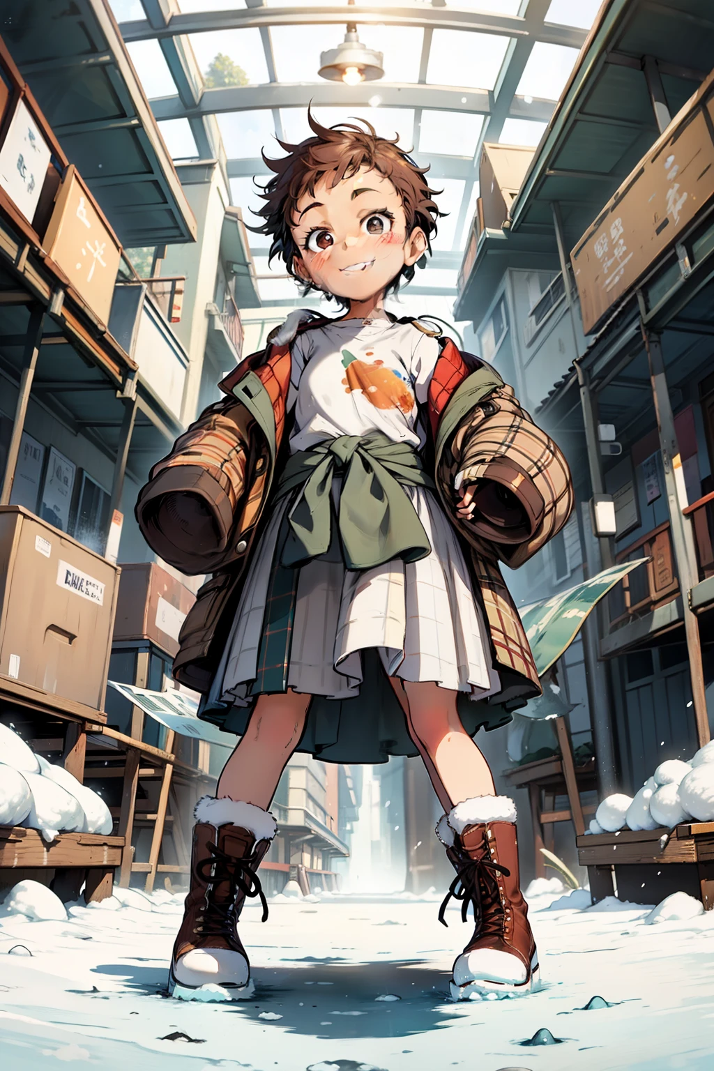 4K,，High resolution，Fisheye Lens，Young very small girl with short hair, Brown Hair, British rock style ，Baby Face，Child body type，Flat Chest，Swollen areola，low length，Black letter jacket, Plaid skirt，smile，Boots, White Breath，smile, smile，fun，play，winter，snow，bright，Wide angle，Vibrant colors, watercolor, Ghibli style，Strong winds，Urine stains，From below，