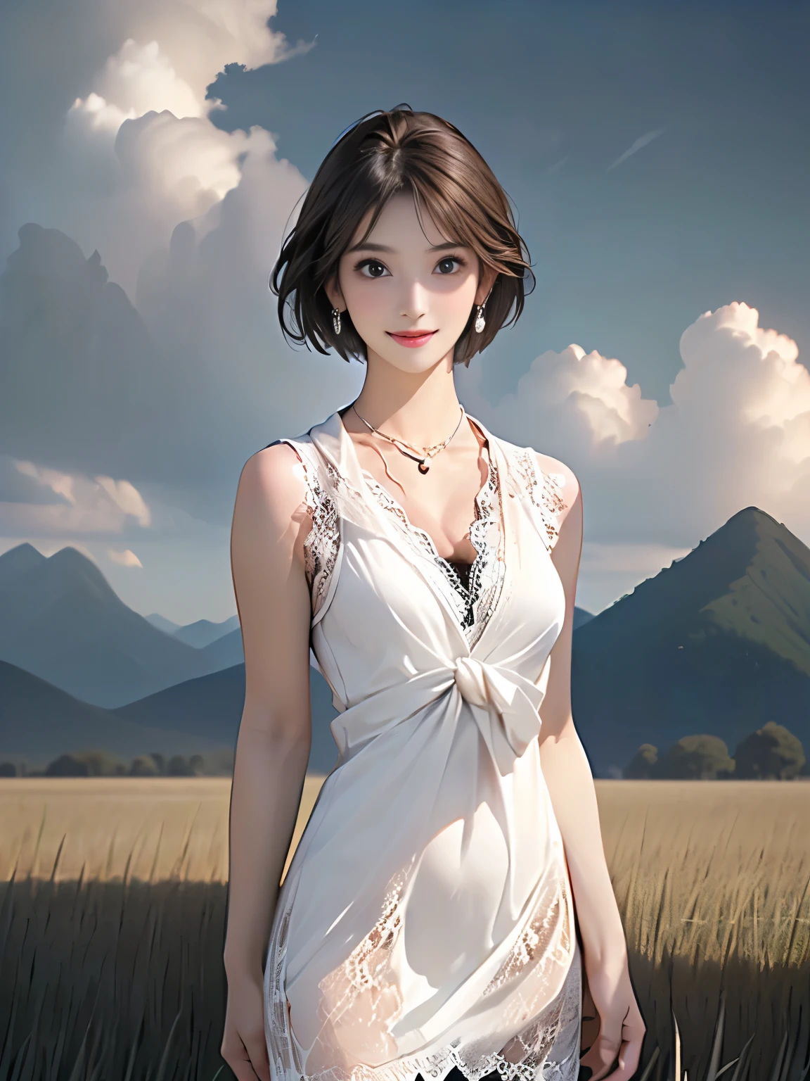 ((((Highest quality))))、(((Ultra-precision CG16K wallpaper)))、(((masterpiece)))、(((Super detailed)))、(((Extreme detail)))、((1Mature 29 year old woman:1.6))、((Very beautiful Japan face of a person))、((Urizane Face:1.8))、((Short bob straight hair:1.8))、(Shiny Hair)、A delicately drawn beautiful face、(Dark Eyes、Reflected light from the eye)、double eyelid、High nose、Small nostrils、Small Mouth、Seductive lips、Beautiful breasts、((C cup size breasts))、Cleavage、Delicate nails、Beautiful feet、Thin thighs、eight-headed body、Perfect proportions、Perfect ???????、Perfect composition、Beautiful detailed shading、Beautiful, natural lighting、Beautiful detail glow、Depth of written boundary、(((High chroma)))、(((Real:1.9)))、((vivid:1.5))、((Beautiful Skin))、((Skin Texture))、((Realな皮膚感))、(((Cowboy Shot:1.6)))、(((front view、shoot from front、front low angle:1.6)))、(((smile:1.6)))、(((looking at camera:1.6)))、Bright daylight、Natural light、(((background_Grass Square、Woodland、Sky and Clouds:1.5)))、(Fashion model pose:1.6)、(((Light blue wool knit mini dress:1.6)))、((hair band、necklace、Wearing earrings:1.5))、((Lace Stockings Clothed))、