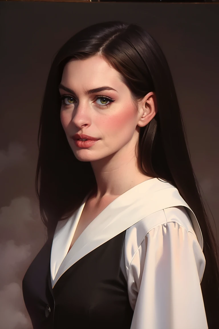 (hyper detailed masterful traditional oil painting of a woman) wearing a black suit, medium body, (dark shadows), (visible brushstrokes:1.2), ((atmospheric haze)), limited palette, low key, highly dramatic lighting, long hair, (straight hair:1.2)